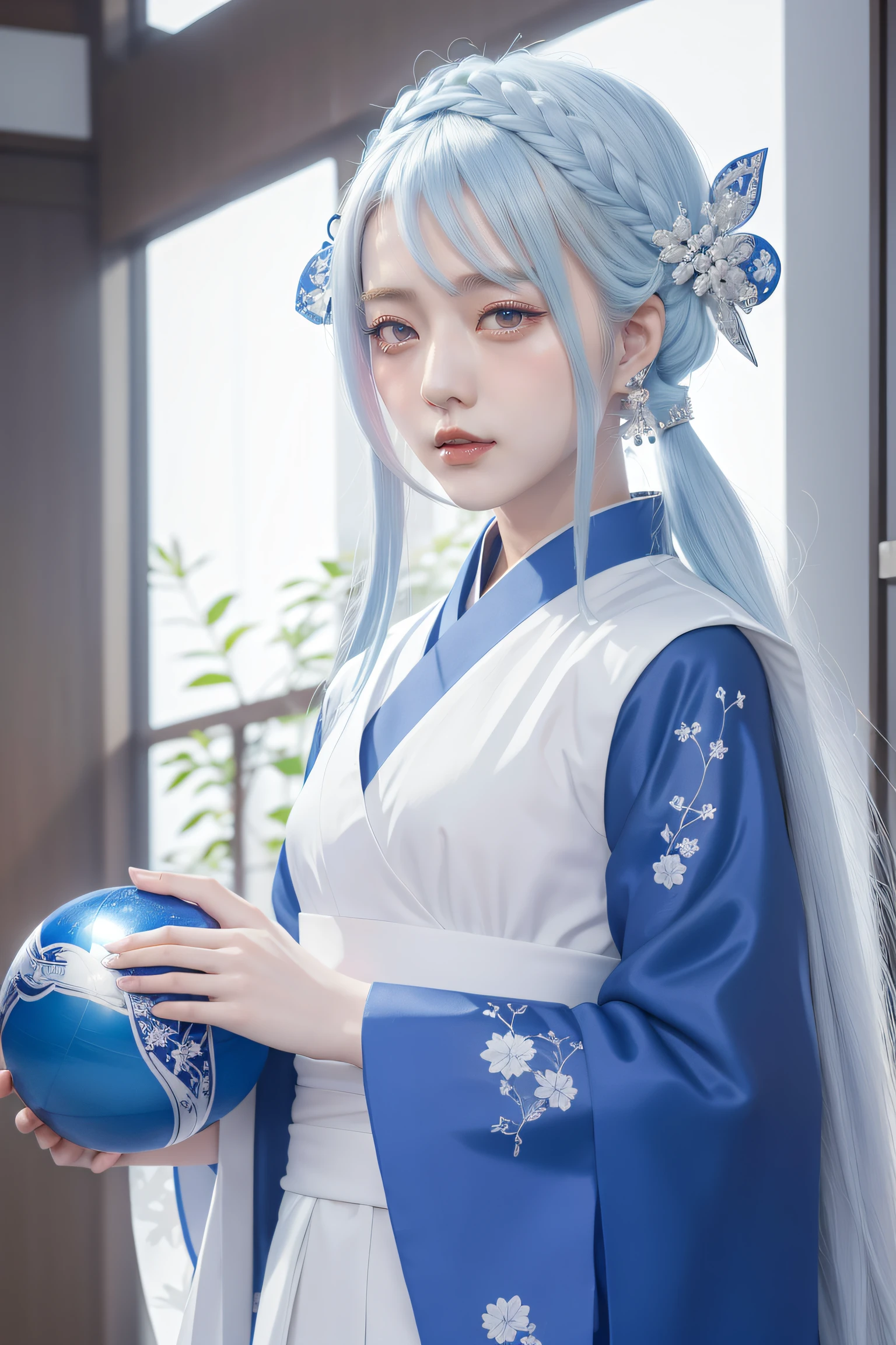 Anime girl holding blue ball in blue and white dress, onmyoji, Onmyoji detailed art, onmyoji portrait, white-haired god, Keqing from Genshin Impact, Genshin, From Arknights, zhongli from genshin impact, heise jinyao, author:Shitao, drak, by Yang J, Yun Ling