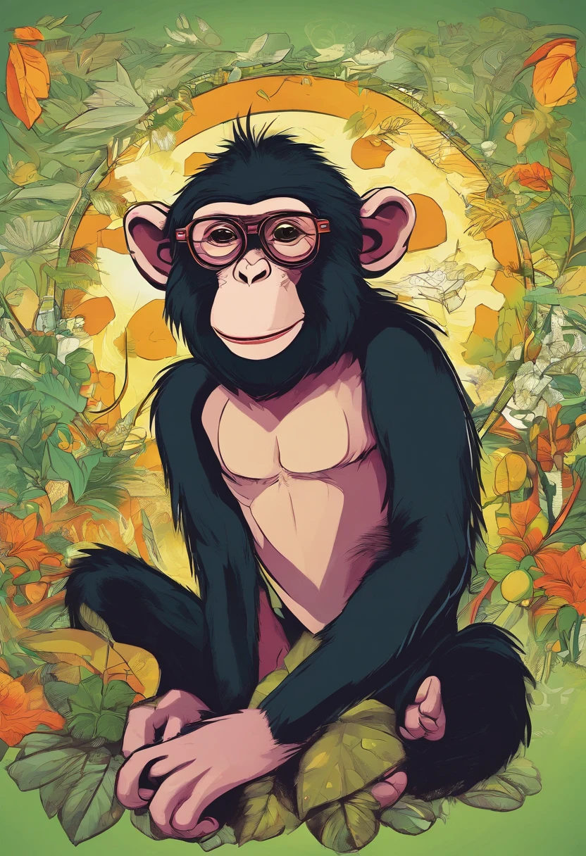 cartoon monkey with glasses on his face and a black shirt, bored ape nft, “portrait of a cartoon animal, face like monkey, bored ape, high detailed cartoon, monkey, inspired by Alex Petruk APe, subject= chimp, varguyart style, cartoon portrait, cartoon artstyle, simple cartoon style, borat is a chimp, cartoon art style