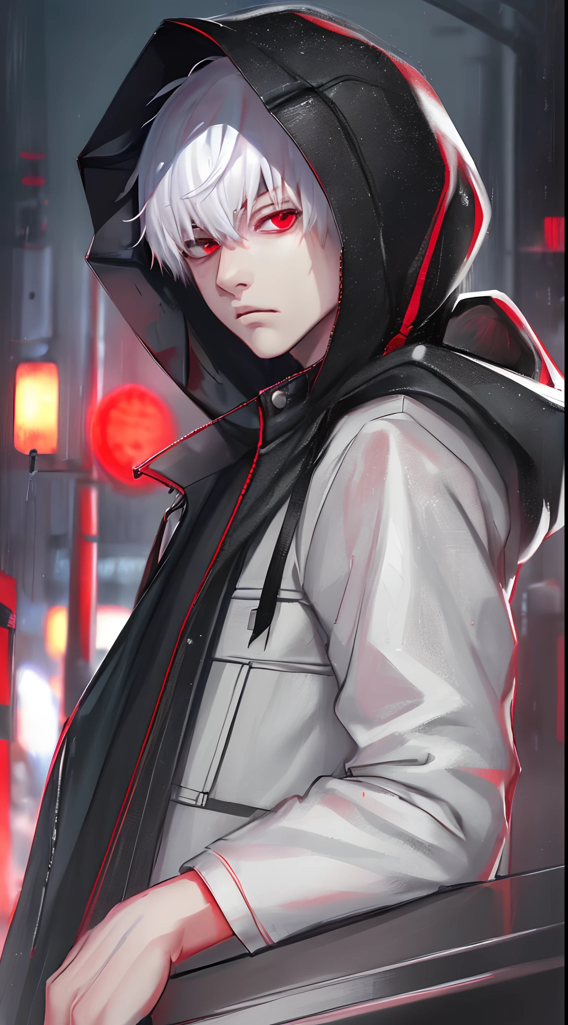 kk, best quality, more details, masterpiece, 1boy, kaneki ken, portrait, male focus, red eyes, solo, bangs, looking at viewer, hood, short hair, rain, tokyo tokyo \(city\),  hood up, nail polish, white hair, luxurious, 8k, detailed, ray tracing, depth of field, cinematic lighting,