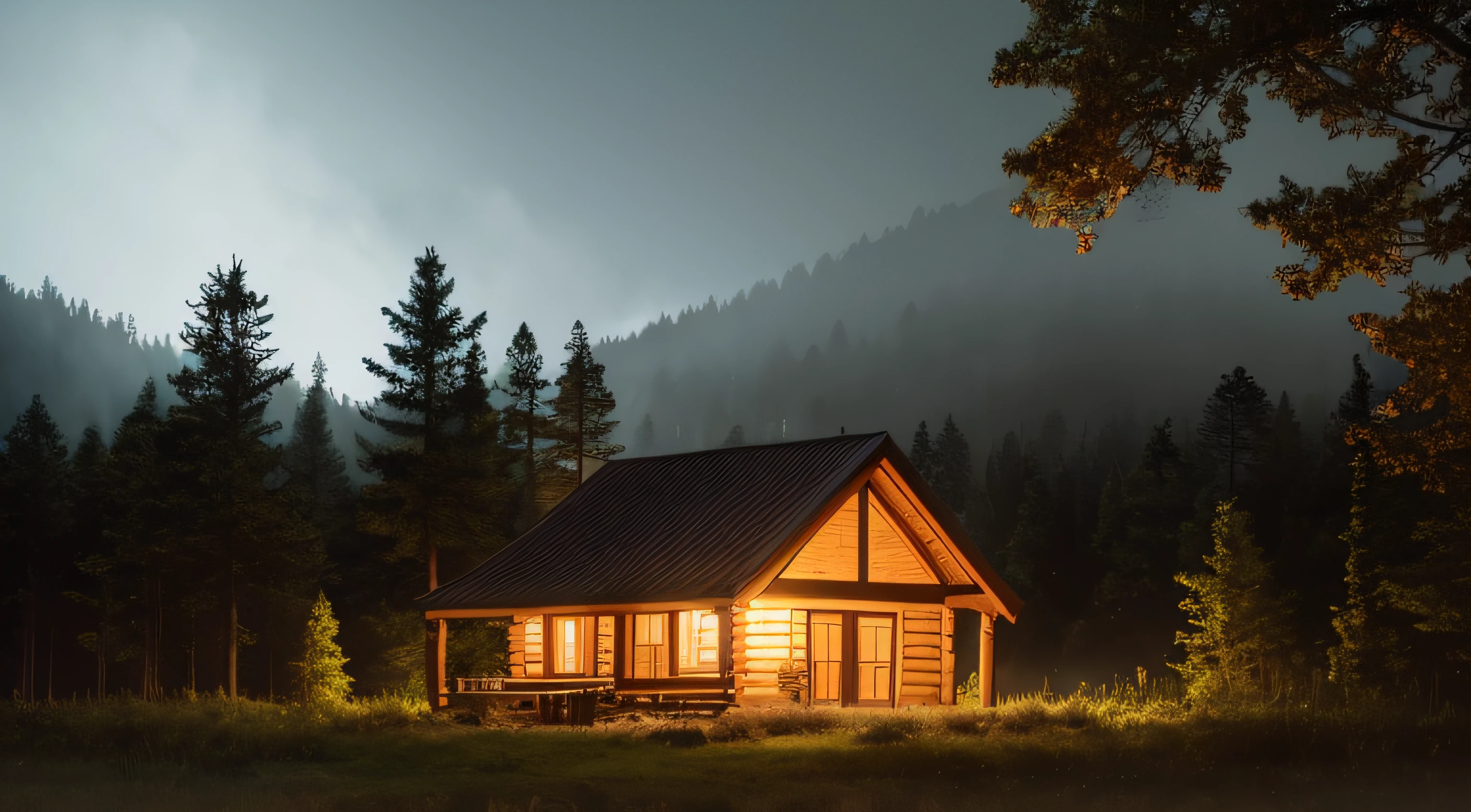 a realistic cabin in the forest at night, with a lot of fog, dark sky with rain, ground all wet with water