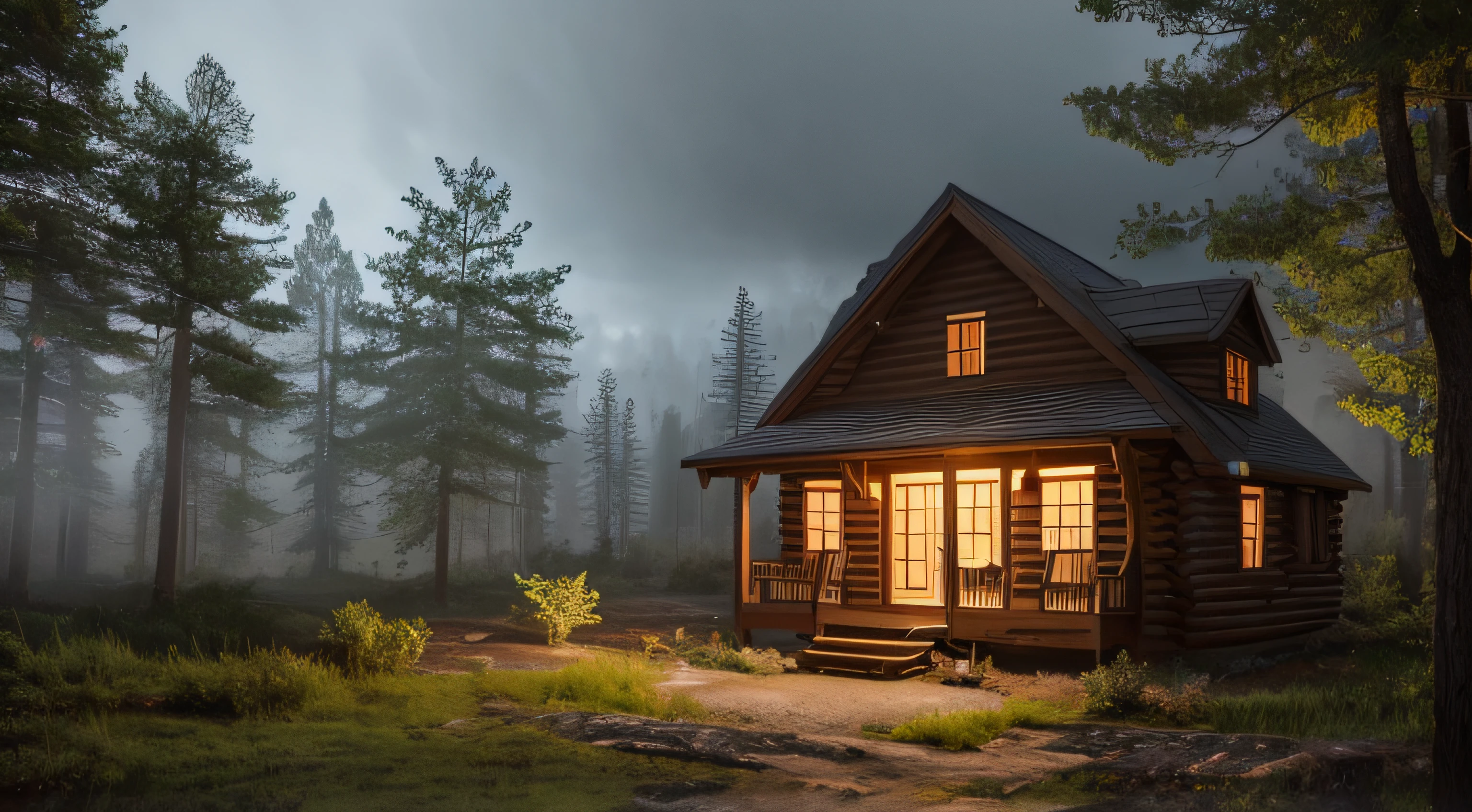 a realistic cabin in the forest at night, with a lot of fog, dark sky with rain, ground all wet with water