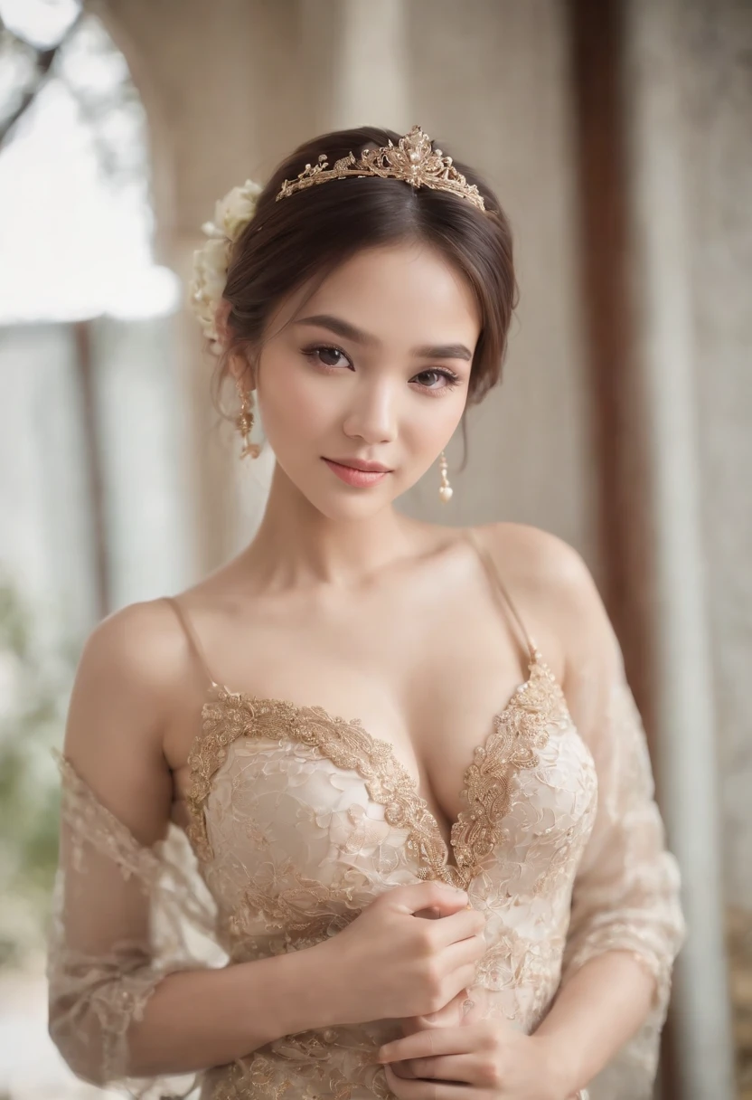 myth,argent,kebaya,Scroll,batik,sleeveless, treasure,universe, face the camera, smile, 19 year old girl, cute girl, beautiful girl, indonesian model, white healthy skin, delicate eyes, tied-up hair, jewelry earrings, gold tiara, full body photo, (sexy body:1.2), (slim waist:1.2), product photo shot, nsfw, topless, gorgeous boobs, Open clothes.