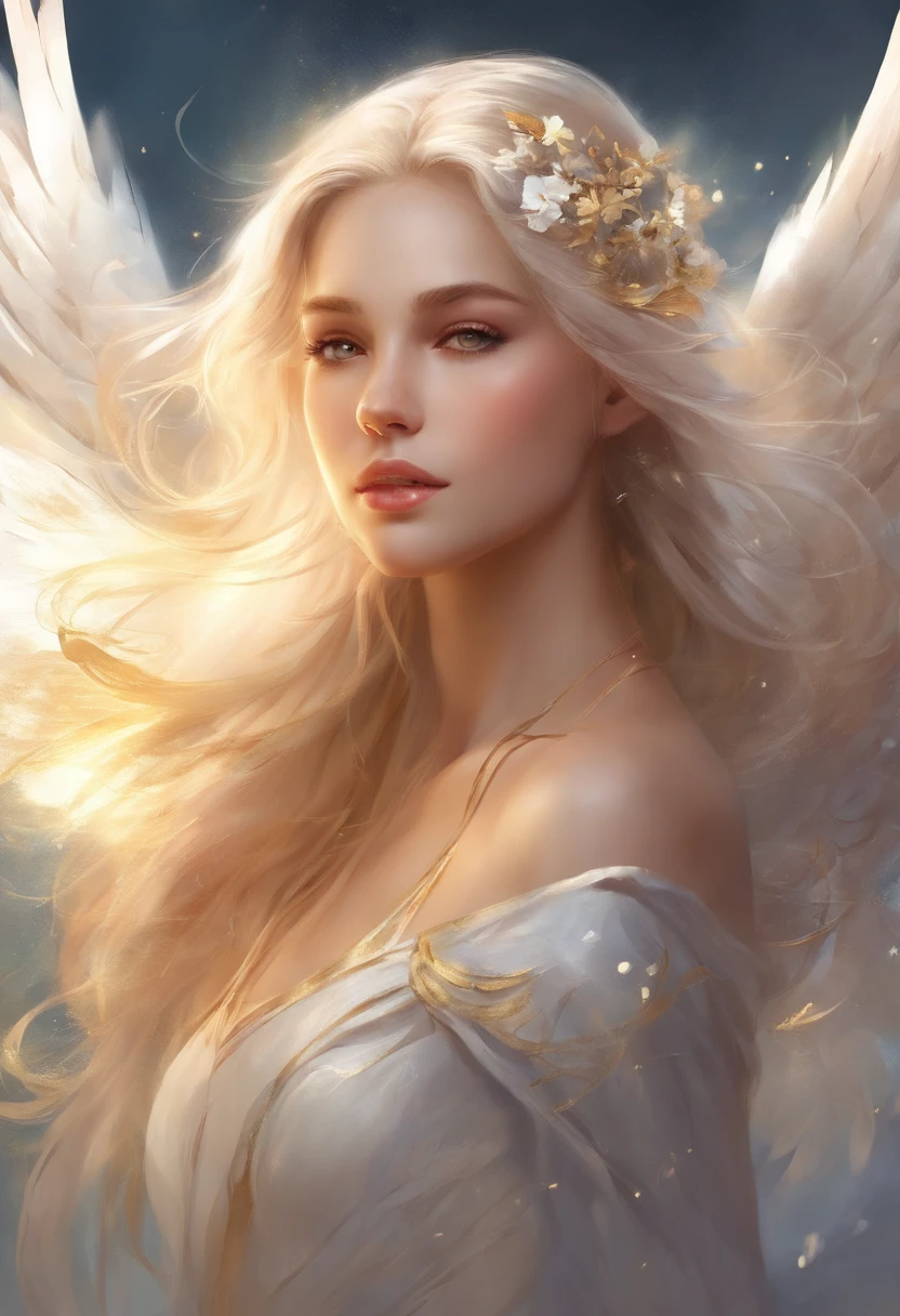 Beautiful girl with white wings and golden hair shining like an angel