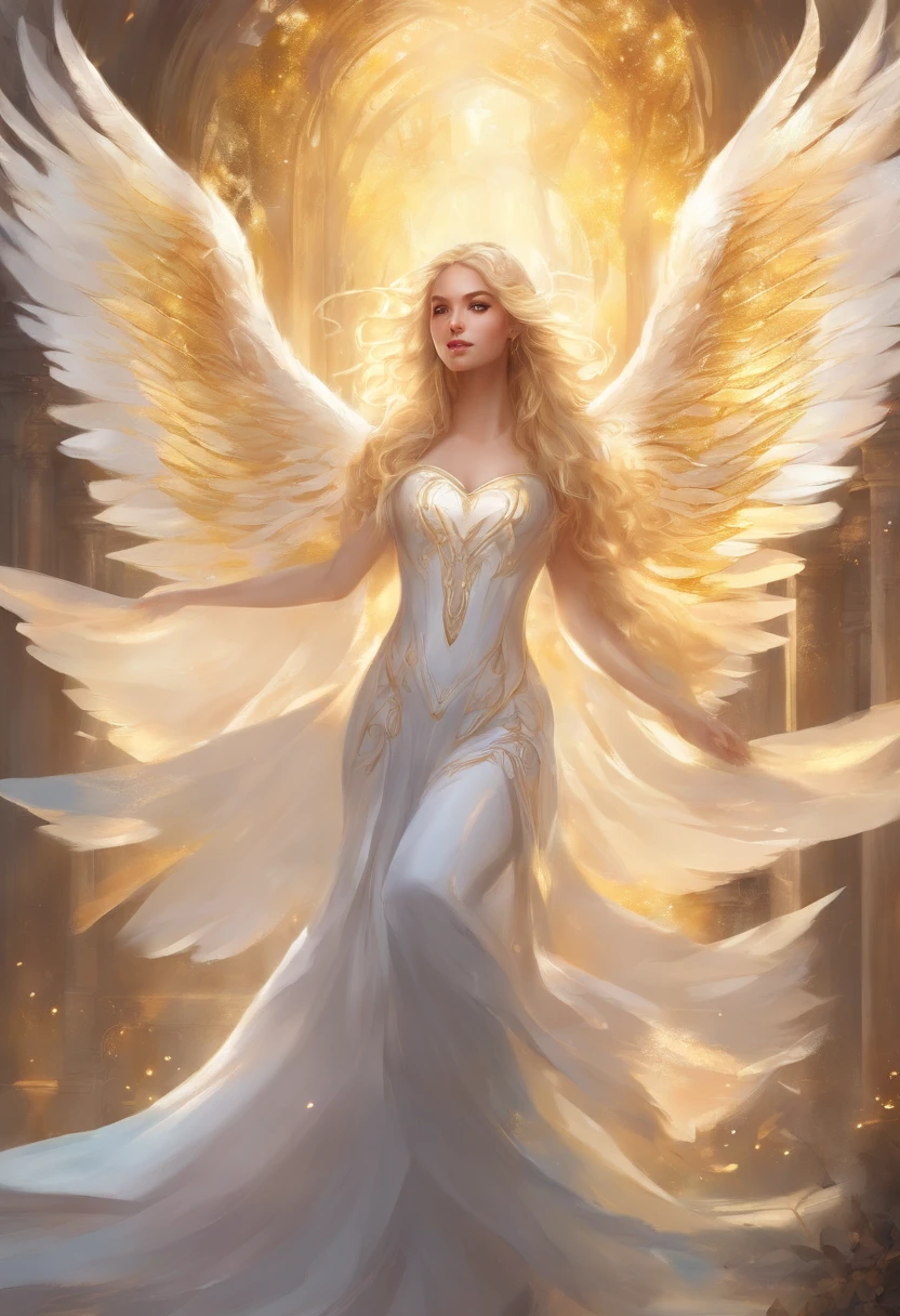 Beautiful girl with white wings and golden hair shining like an angel