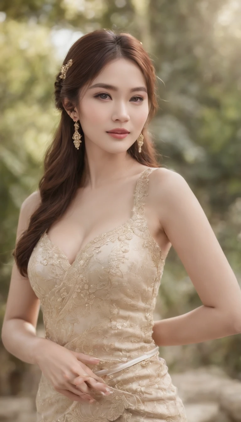 myth,argent,kebaya,Scroll,batik,sleeveless, treasure,universe, face the camera, smile, 19 year old girl, cute girl, beautiful girl, indonesian model, white healthy skin, delicate eyes, tied-up hair, ethnic earrings, gold tiara, full body photo, (sexy body:1.2), (slim waist:1.2), product photo shot, hand pointing right, nsfw, topless, round gorgeous boobs, exposed nipples.