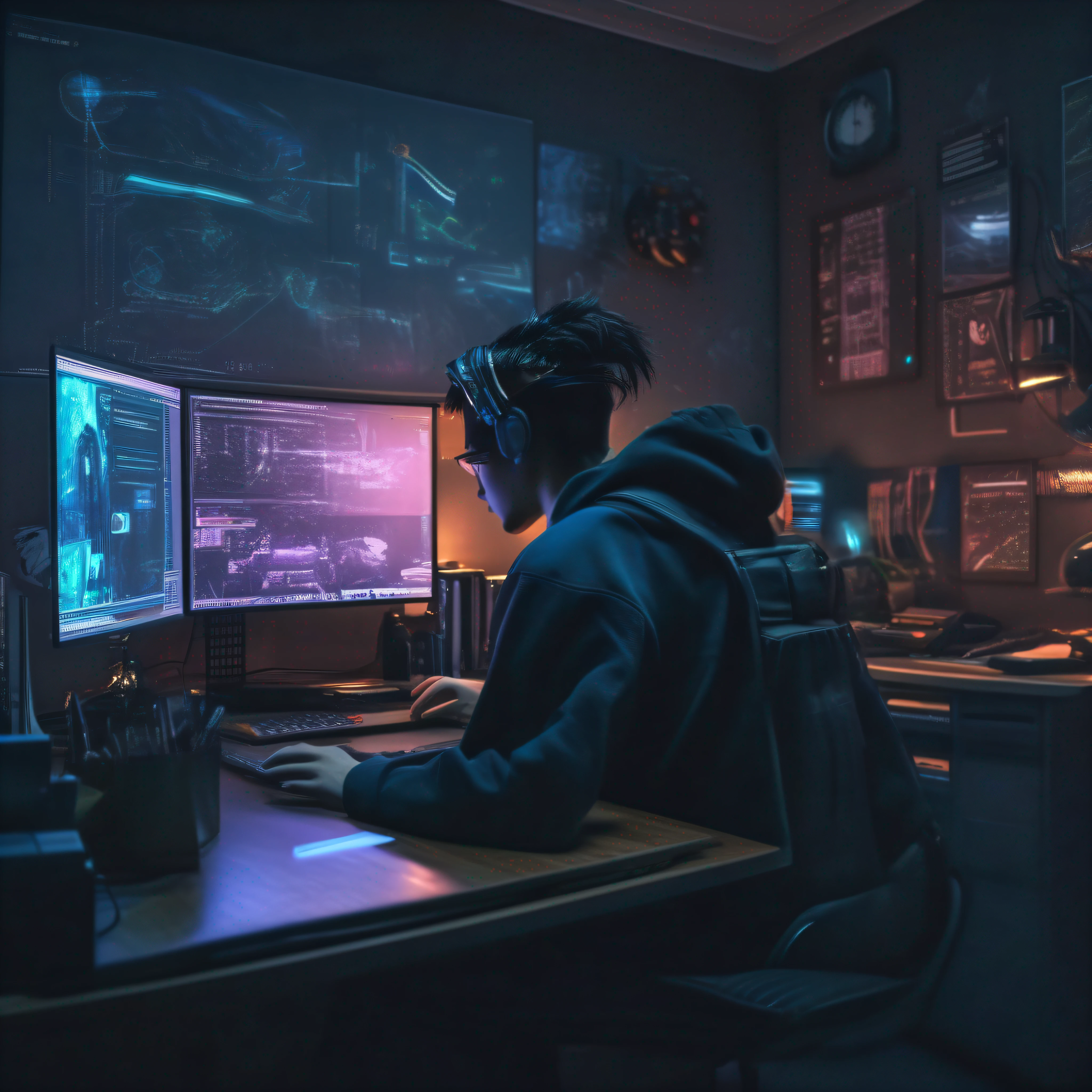 student with his macbook studying in his hitech room, cyberpunk multi-monitor, ultra realistic, cinematic, 16k