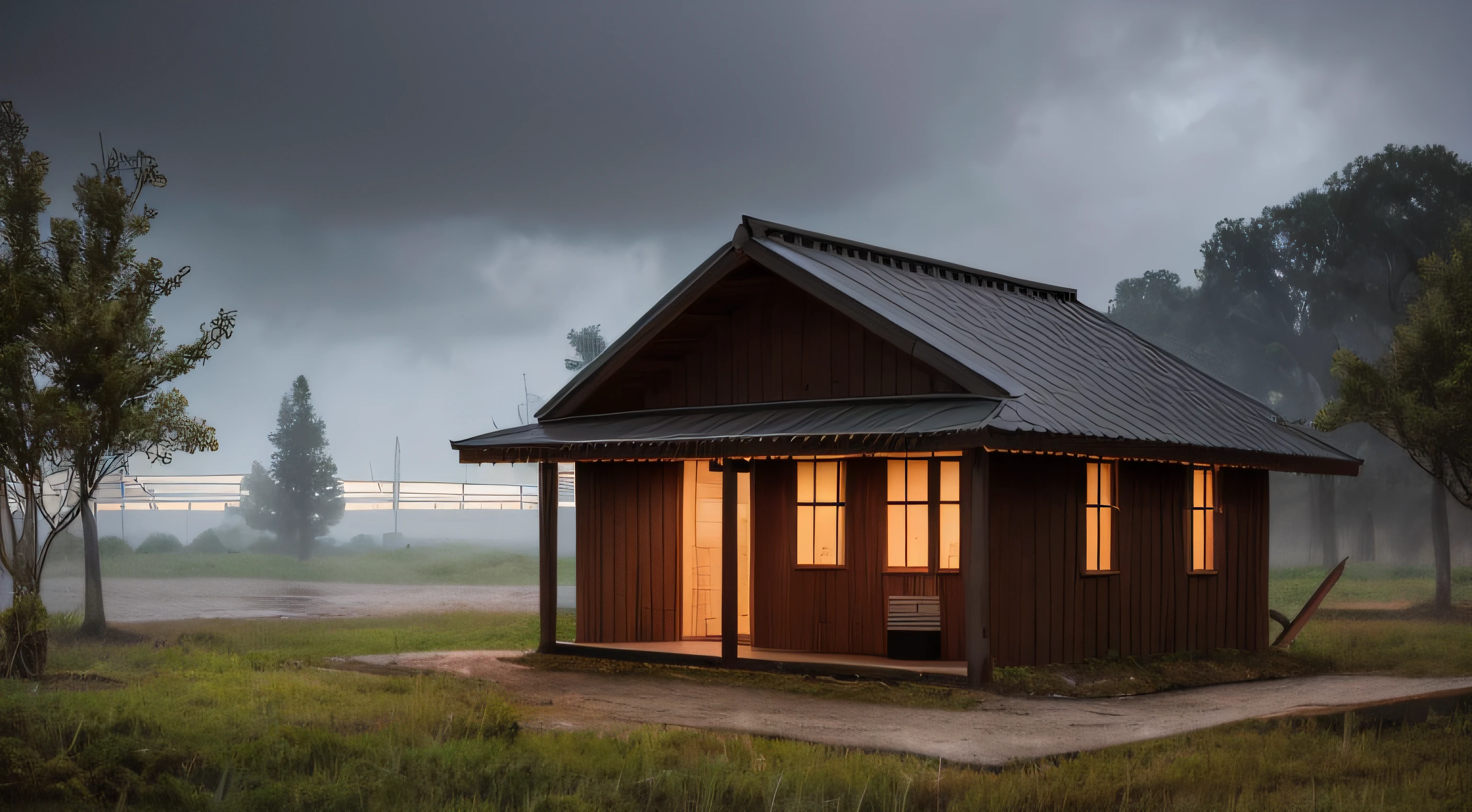 a realistic hut with a metal roof, trees at night, lots of fog, dark sky with rain, ground all wet with rain