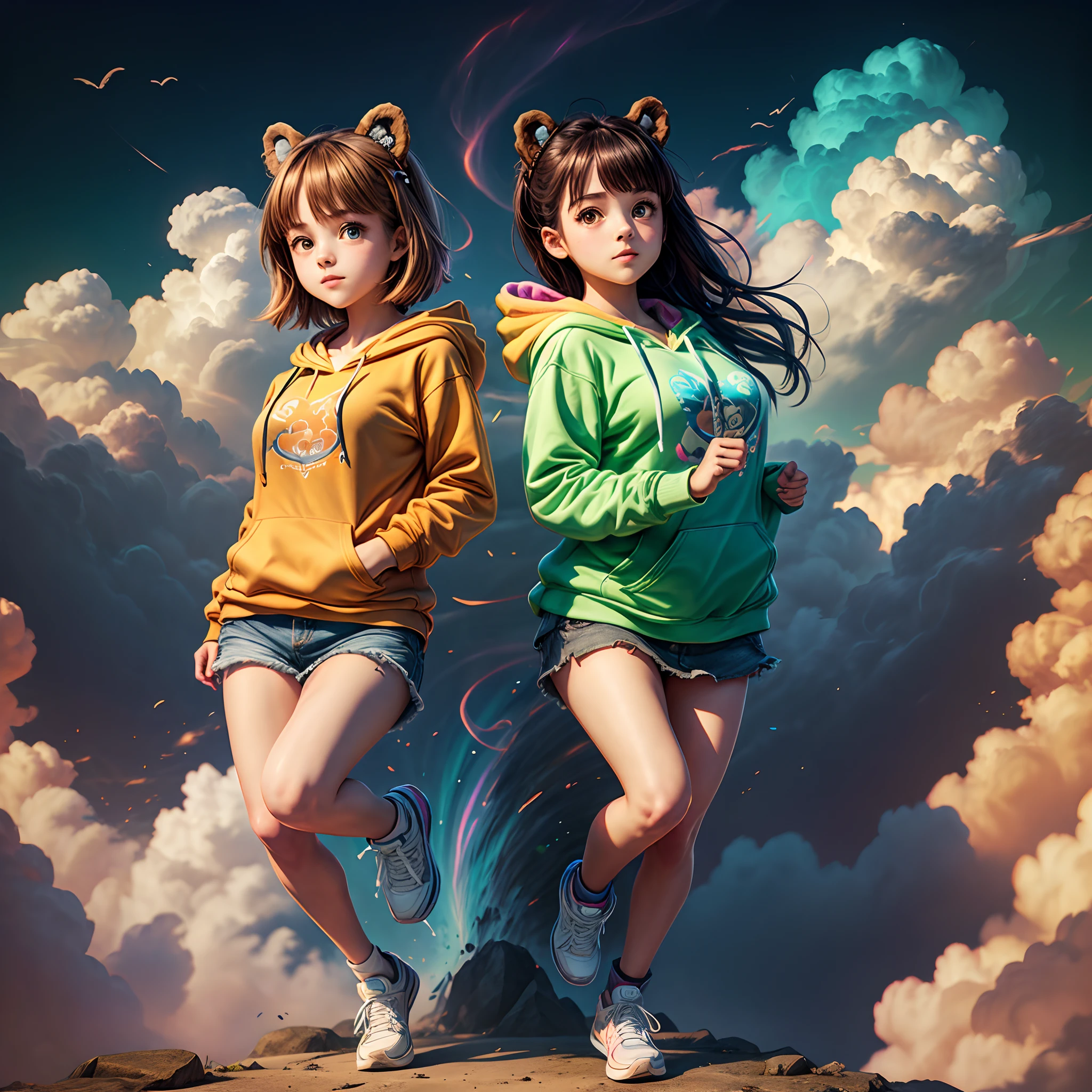 full body, 2 cute girls in hoodie skipping, artistic, artist, simple volumetric light background, swirling clouds, large brown detailed eyes, 2 girls, bear ears ,colorful