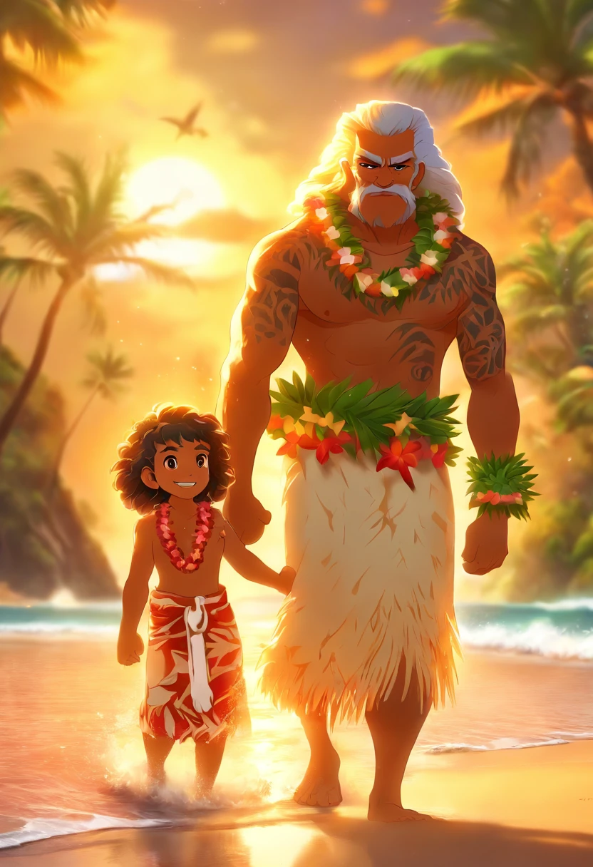 (((Elderly Hawaiian man and Hawaiian child))) best quality, ultra-high resolution, 4K detailed CG, master piece,elder,Child beach,sea,sand,Hawaiian clothing,hawaii, Maori tattoos,Maori mythology, ((in foot)), Maori Picture Style, aesthetic, screen-centered, full body