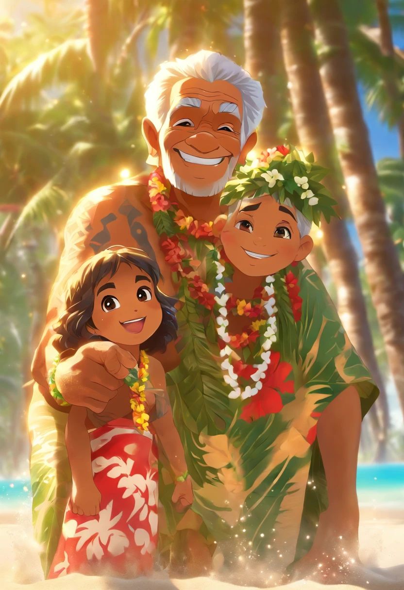 (((Elderly Hawaiian man and Hawaiian child))) best quality, ultra-high resolution, 4K detailed CG, master piece,elder,Child beach,sea,sand,Hawaiian clothing,hawaii, Maori tattoos,Maori mythology, ((in foot)), Maori Picture Style, aesthetic, screen-centered, full body