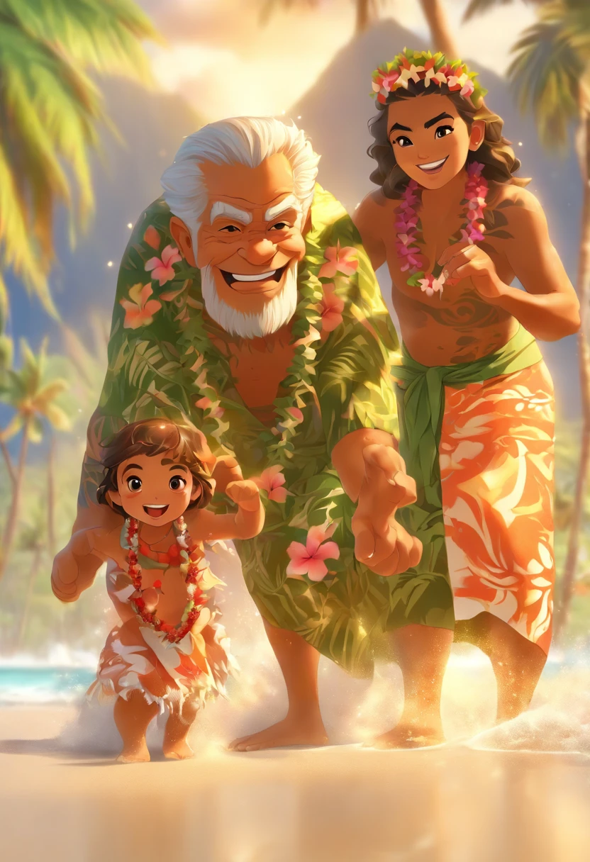 (((Elderly Hawaiian man and Hawaiian ))) best quality, ultra-high resolution, 4K detailed CG, master piece,elder,Child beach,sea,sand,Hawaiian clothing,hawaii, Maori tattoos,Maori mythology, ((in foot)), Maori Picture Style, aesthetic, screen-centered, full body