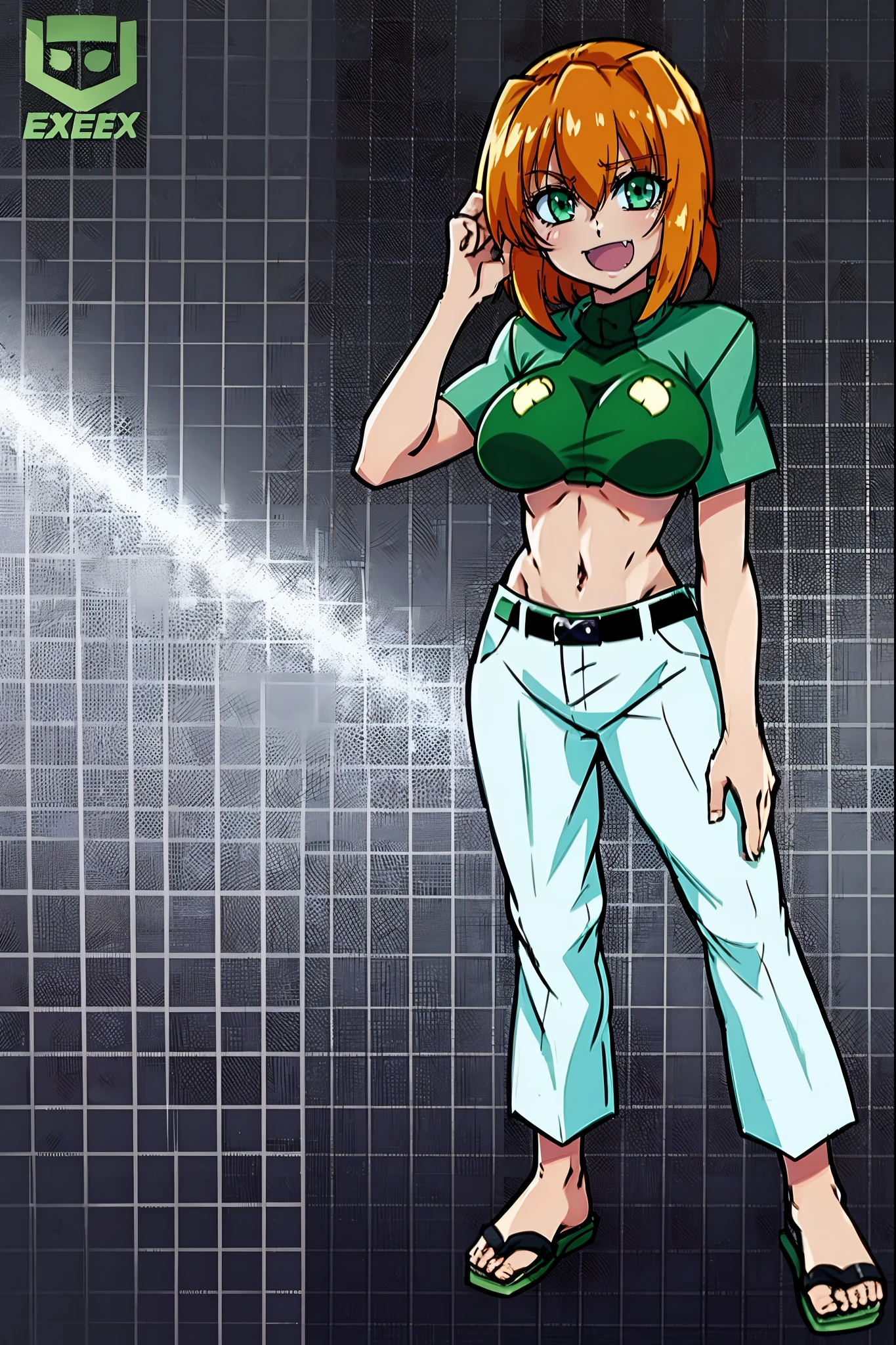 excel, orange hair, smile, fang, open mouth, green eyes,standing, medium breast, pants, pullover, , full body, flipflops, sentai villain costume, bone fangs