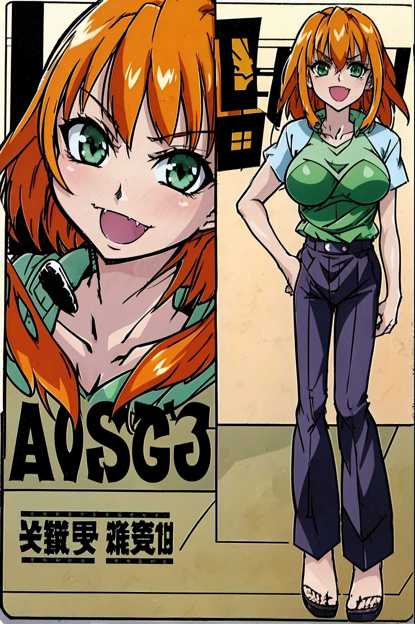 excel, orange hair, smile, fang, open mouth, green eyes,standing, medium breast, pants, pullover, , full body, flipflops, sentai villain costume, bone fangs