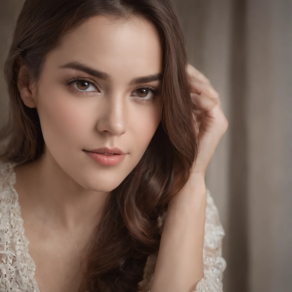 closeup cleavage，photography of，k hd，Cute girl，looks into camera，is shy，Dark background，soft warm light，deep shading，Expensive cameras，Portrait film，winning artwork，tmasterpiece
