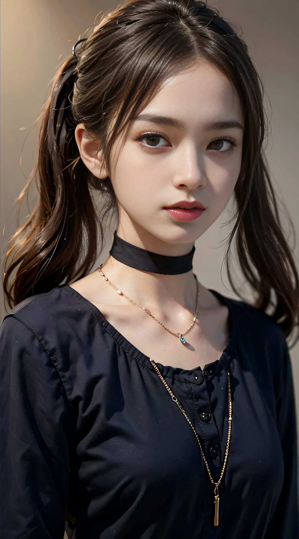 masterpiece, best quality, realistic, highly detailed, 1girl, solo, (body shot), poker face, stylish short hair, light purple hair, glasses, large breast, ((sweater)), choker, Lips pierced, tatto on neck, beautiful girl, A tomboy face, Flat face without expression, bedroom background, detail eyes, detail hair, perfect lighting