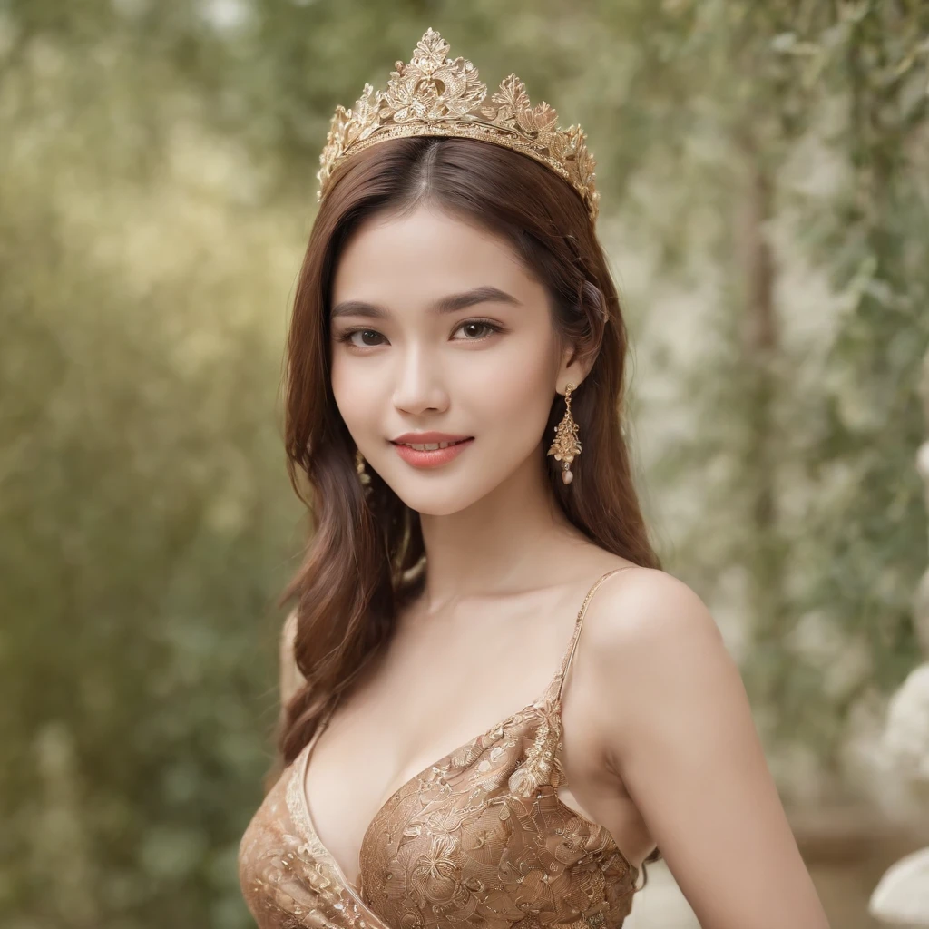 myth, batik,sleeveless, treasure,universe, face the camera, smile, 19 year old girl, cute girl, beautiful girl, indonesian model, white healthy skin, delicate eyes, tied-up hair, jewelry earrings, gold tiara, full body photo, (sexy body:1.2), (slim waist:1.2), product photo shot, nsfw, topless, gorgeous boobs, Open clothes, erotic pose.