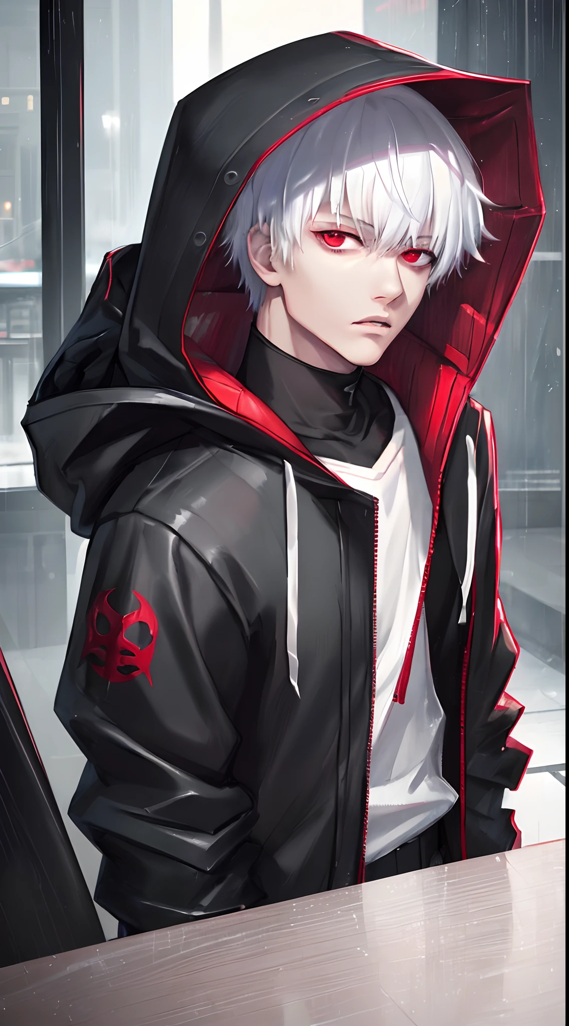 kk, best quality, more details, masterpiece, 1boy, kaneki ken, portrait, male focus, red eyes, solo, bangs, looking at viewer, hood, short hair, rain, tokyo tokyo \(city\), hood up, nail polish, white hair, luxurious, 8k, detailed, ray tracing, depth of field, cinematic lighting,