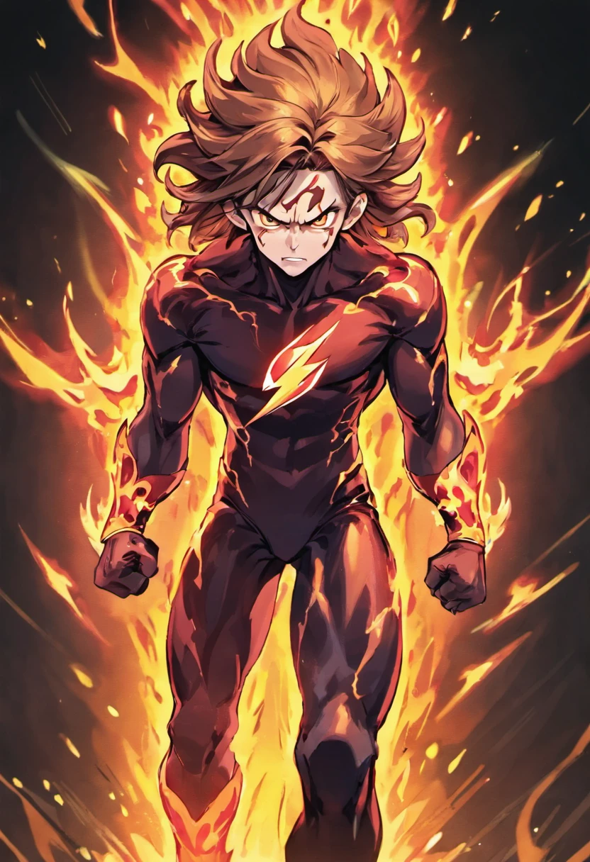 Long hair guy wearing flash suit with flames and lightnings with lumminous eye