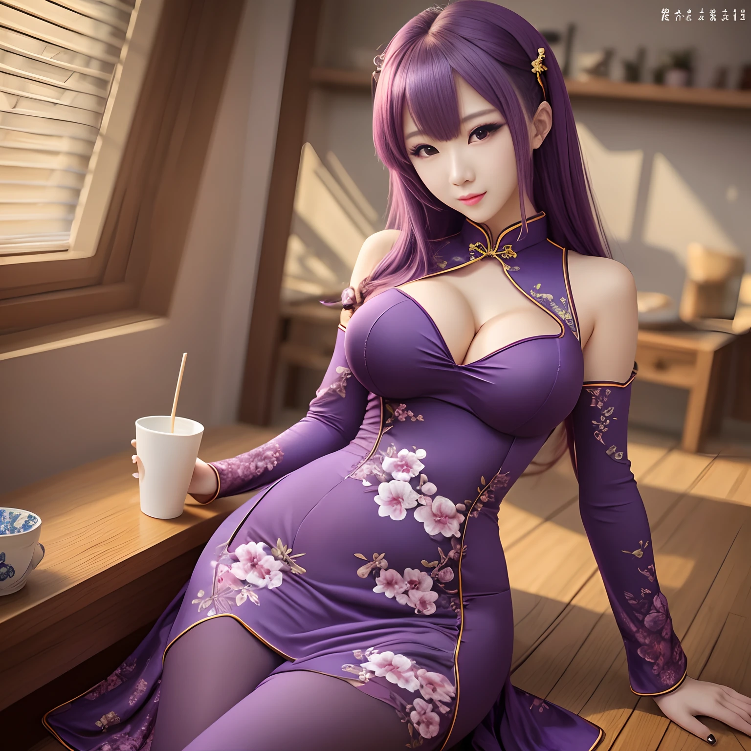 Beautuful Women，Purple cheongsam，woman，choppy，anime big breast，Body proportions，full bodyesbian，