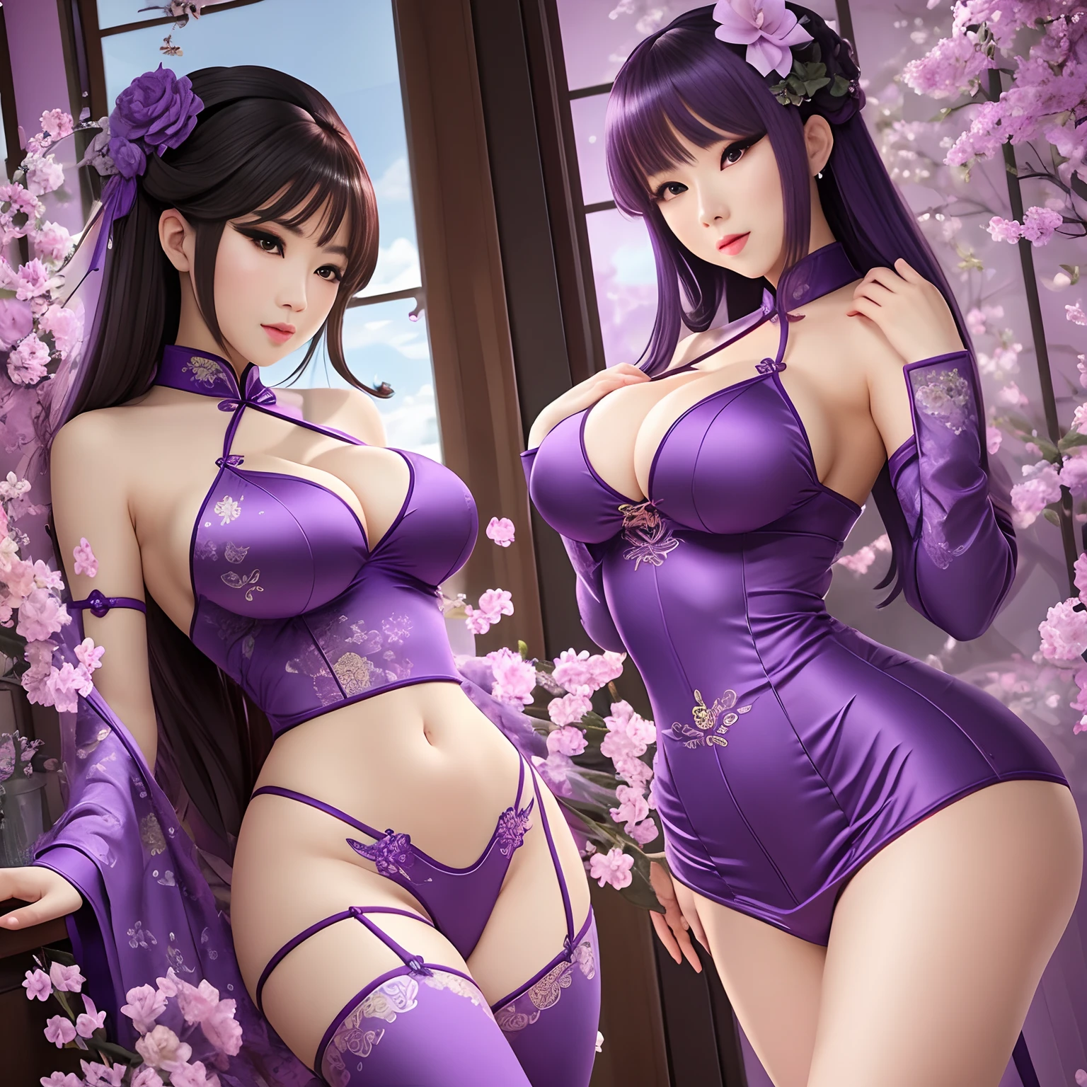 Beautuful Women，Purple cheongsam，woman，choppy，anime big breast，Body proportions，full bodyesbian，