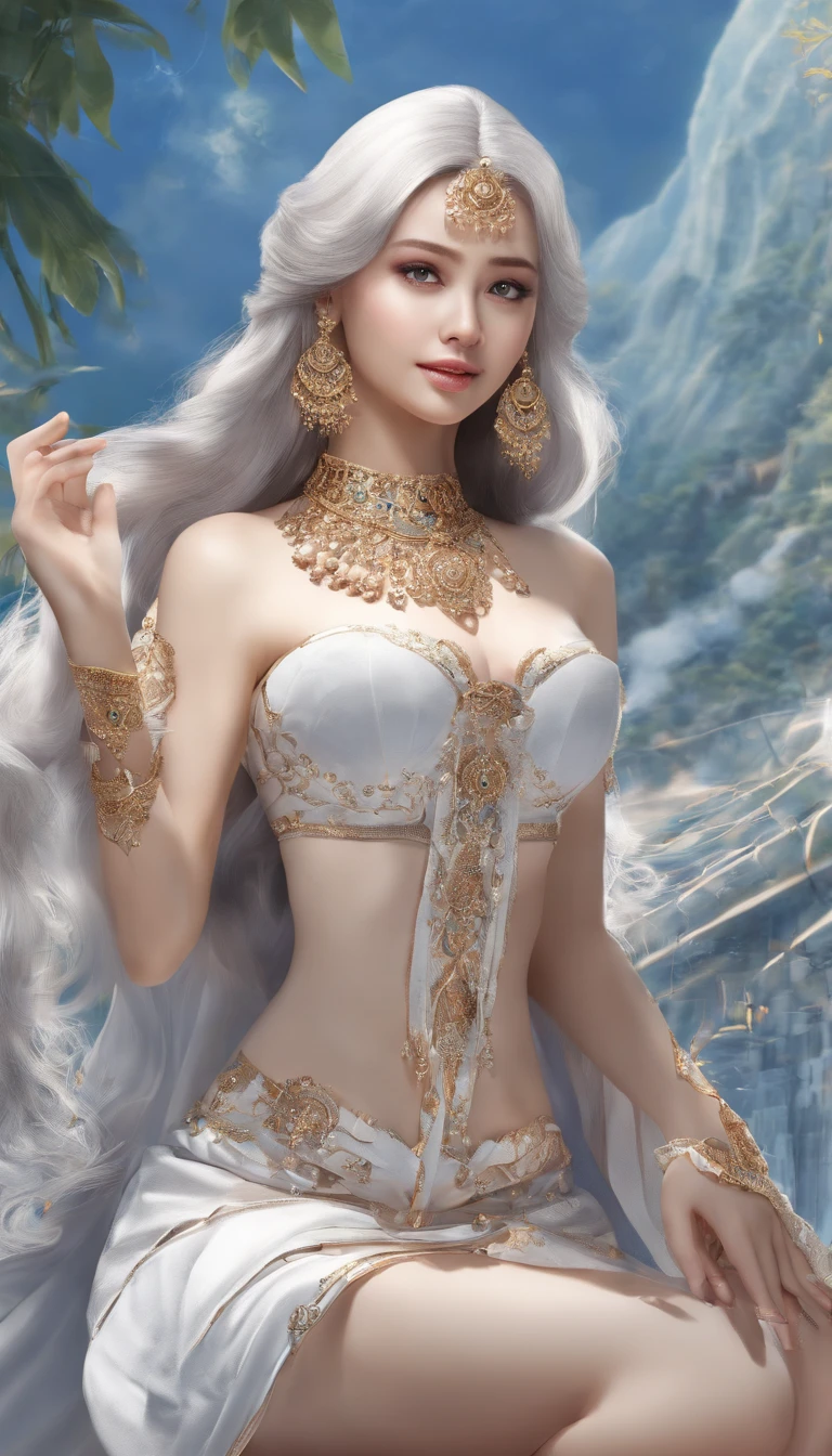 Ultra detailed hd 8k, (realistic photo:1.2), (masterpiece: 1.2),myth,argent,kebaya,Scroll,batik,sleeveless, treasure,universe, face the camera, smile, 19 year old girl, cute girl, beautiful girl, indonesian model, white healthy skin, delicate eyes, tied-up hair, ethnic earrings, full body photo, (sexy body:1.2), (slim waist:1.2), rim light,product photo shot, holding a small beauty serum, nsfw, nipples, gorgeous boobs, erotic pose, exposed breast.