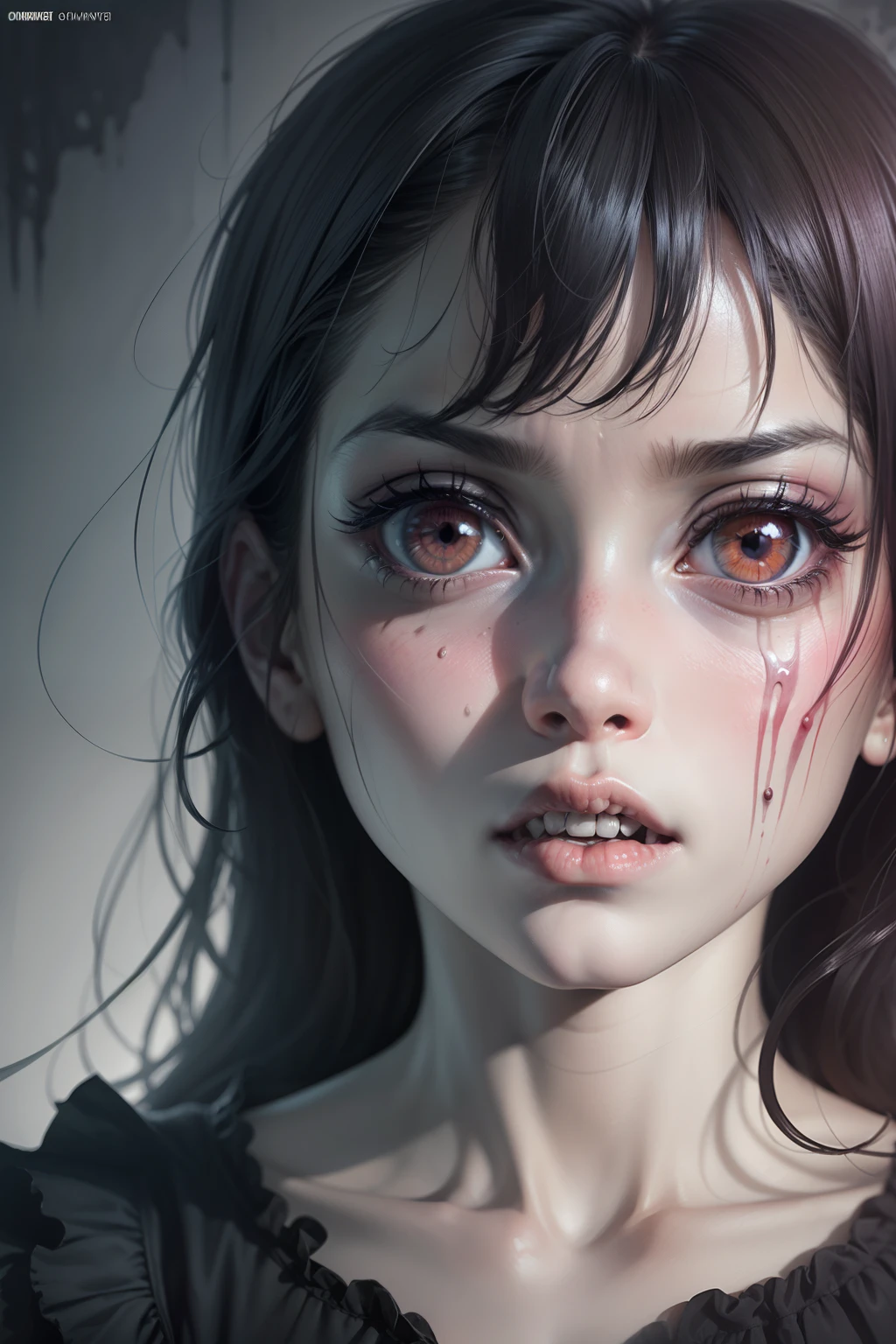 (Junji Ito manga portrait illustration of girls face), horrified, scared, afraid expression, detailed, (horror theme:1.5), gothic horror, black and white, creepy atmosphere, disturbing