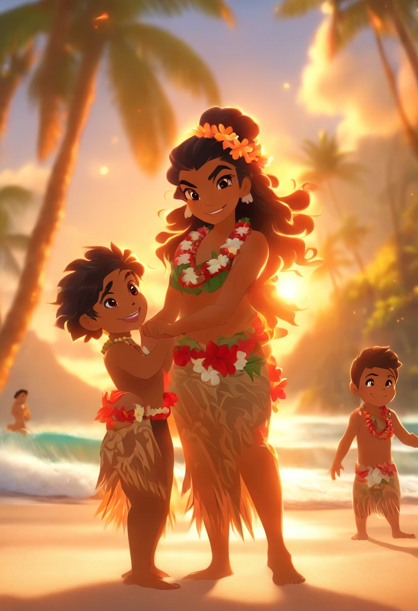 (((Hawaiian woman and Hawaiian ))) best quality, ultra-high resolution, 4K detailed CG, master piece,Woman, children,beach,sea,sand,Hawaiian clothing,hawaii, Maori tattoos,Maori mythology, ((in foot)), Maori Picture Style, aesthetic, screen-centered, full body