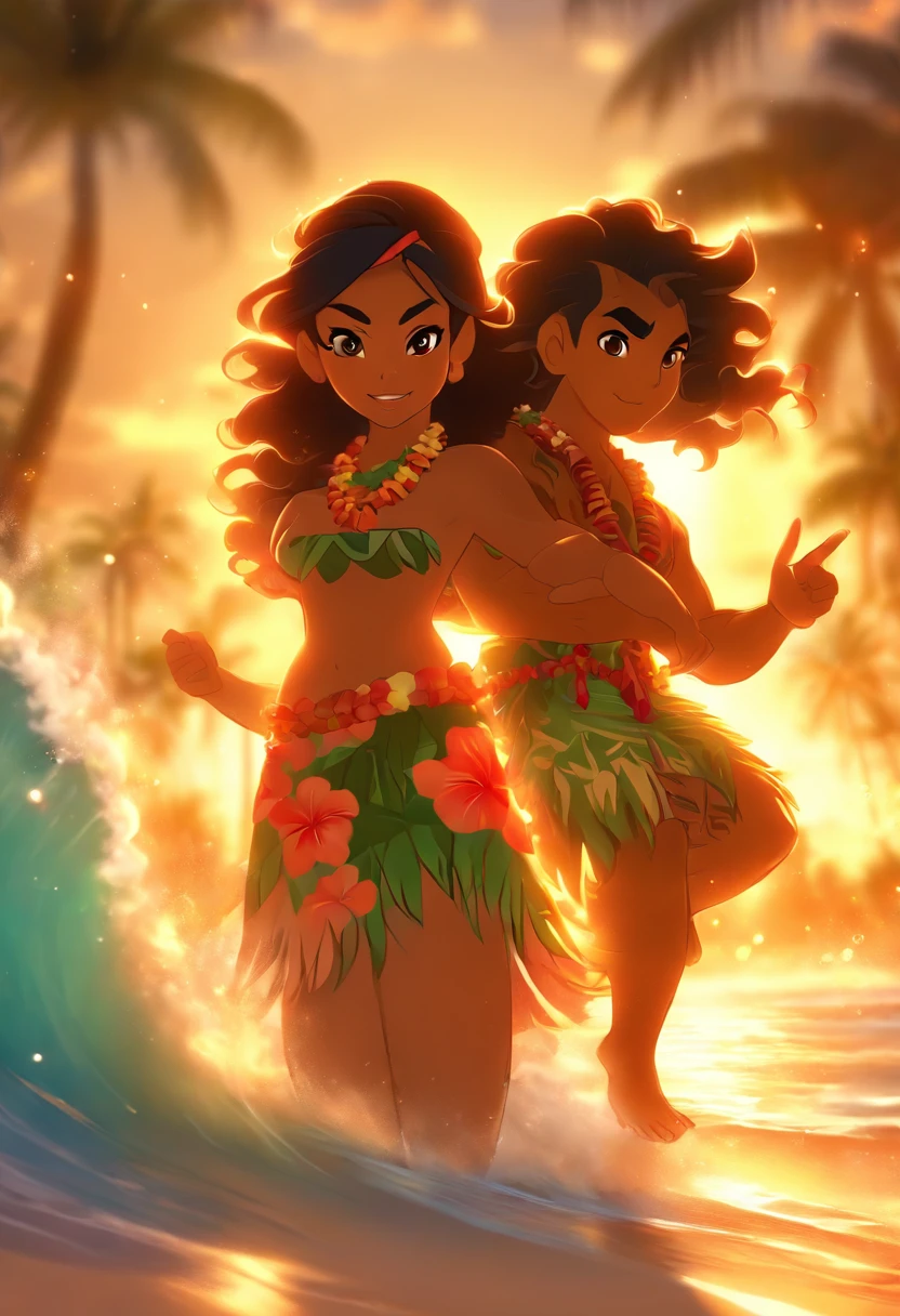 (((Hawaiian woman and Hawaiian ))) best quality, ultra-high resolution, 4K detailed CG, master piece,Woman, children,beach,sea,sand,Hawaiian clothing,hawaii, Maori tattoos,Maori mythology, ((in foot)), Maori Picture Style, aesthetic, screen-centered, full body