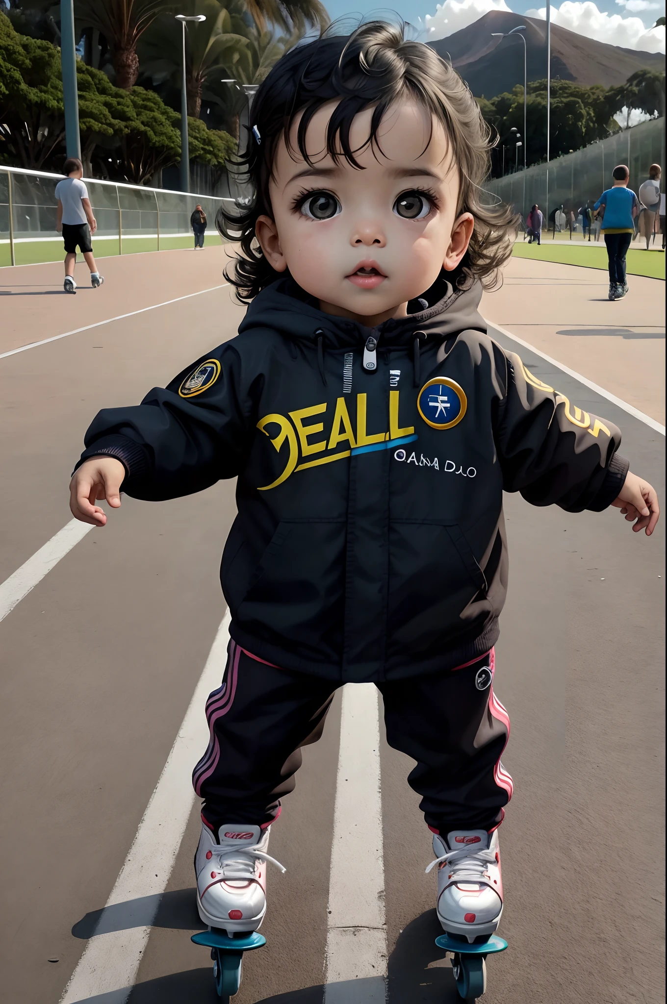 1--old sto no formato quadrado, cabelo loiro curto, olhos azuis, pele branca, brincando de patinete no parque.