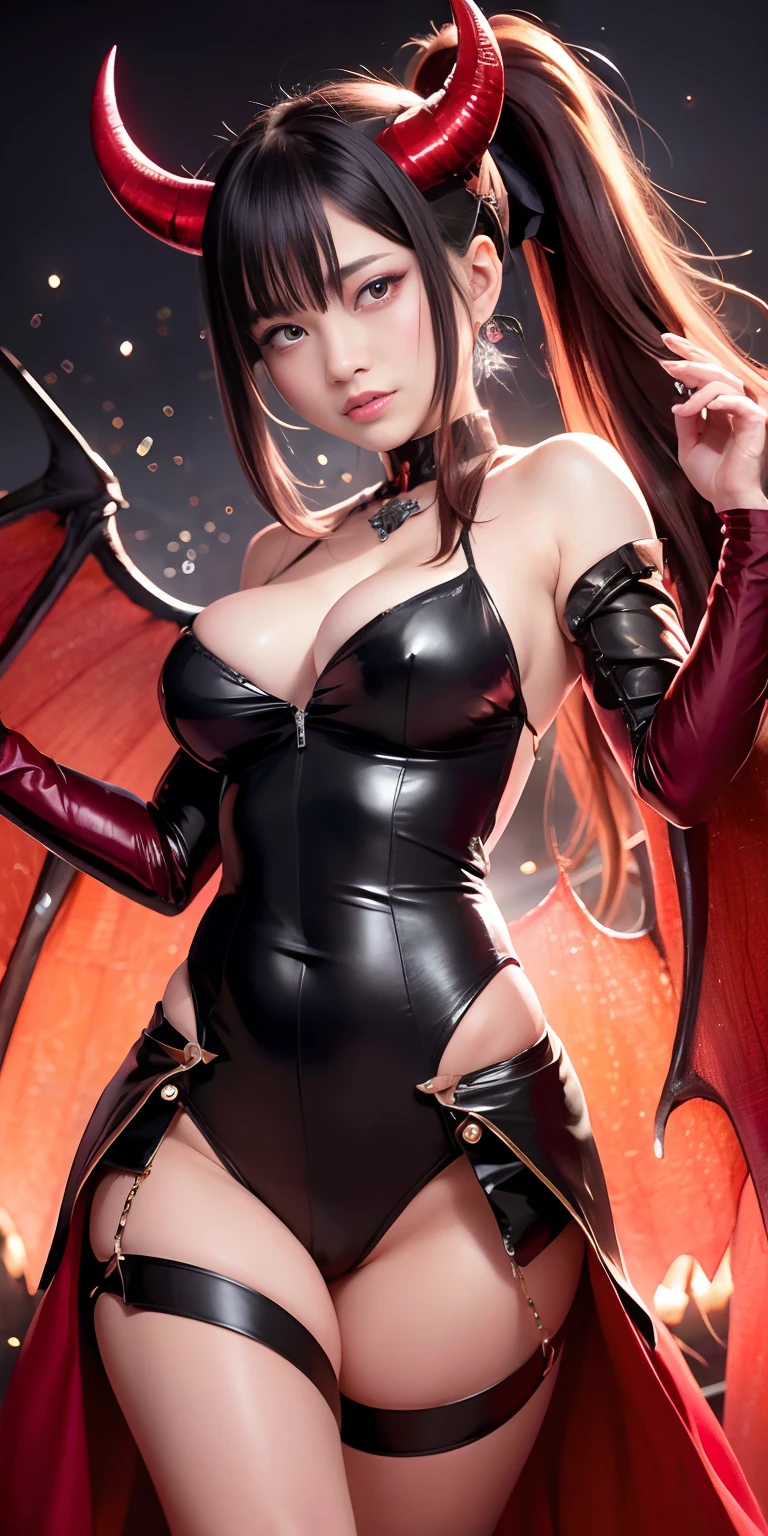 Fine、(The best illustrations)、8K resolution、intricate-detail、top-quality、realisitic、ultra-detailliert、The best lighting、Best Shadows、Ulutra HD、A Necromancer、natta、magia、Dark style、Succubus、Devil's Daughter、Bat Wings,Demon Horns、(red eyes glowing:1.6)、(eye glass)、masterpiece、high_res、beautiful countenance、Tindall Effect、photos realistic、(High Detail Skins:1.2)、8KUHD、Digital SLR、hightquality、a picture、hight resolution、4K、in 8K、bokeh dof、Colossal tits、 absurderes、Ponytail distortion、best ratio four finger and one thumb、
