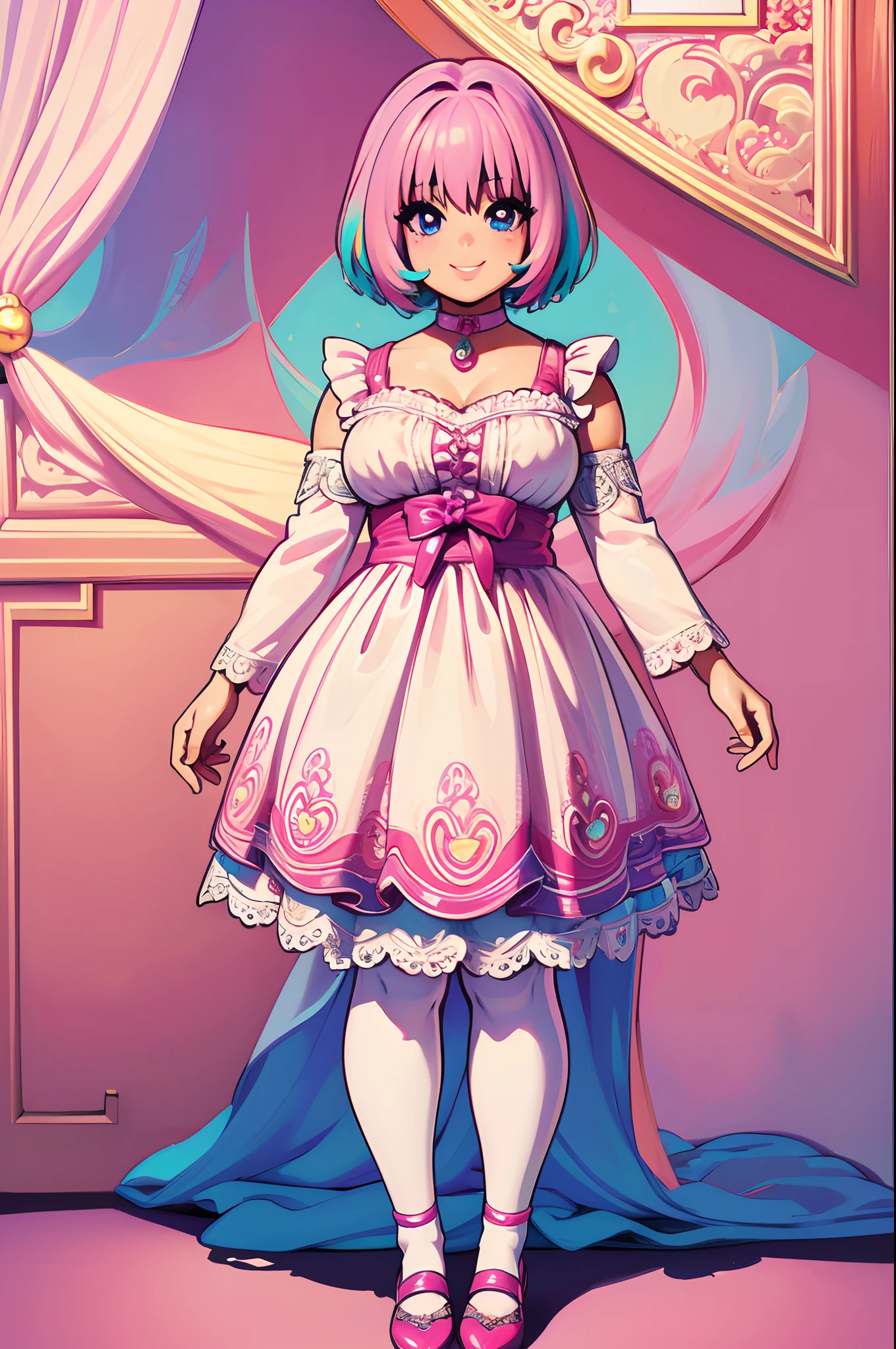 (best quality,masterpiece:1.2),intricate details,beautiful detailed eyes,beautiful detailed lips,extremely detailed eyes and face,longeyelashes,riamu, modeseven,super curvy,comic style,vibrant colors,standing,innocent, full body, standing, smile