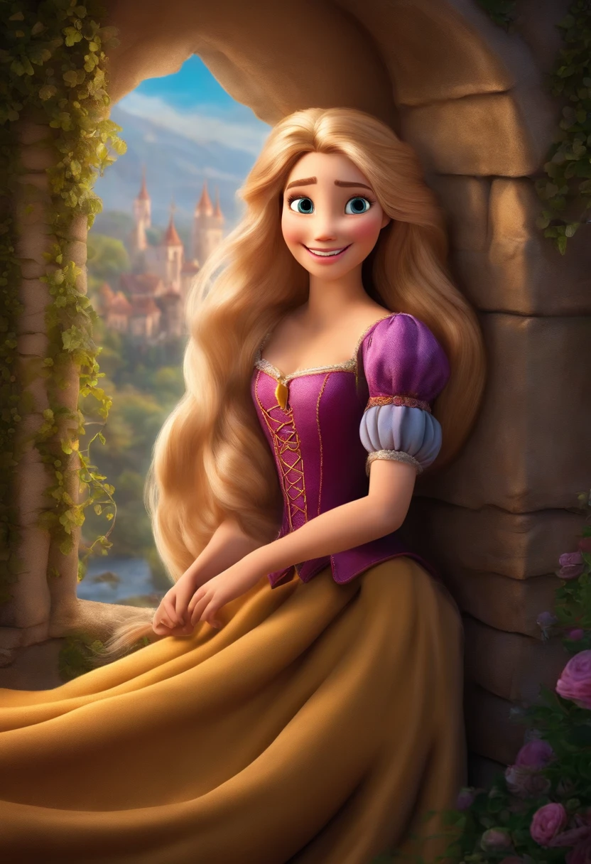 Rapunzel como uma personagem de Enrolados, mirando sonriente la camara