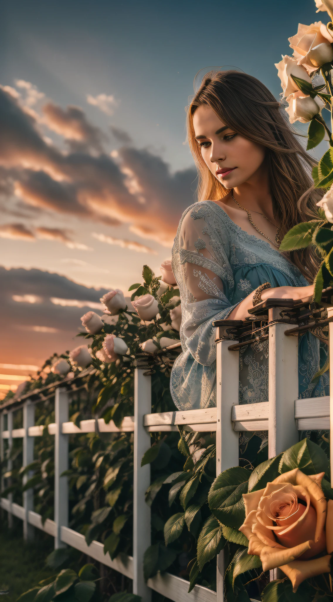 The sky is a magnificent sunset, In front of it is a row of white fences, The fence is covered with delicate roses, The colors of the roses are colorful, The whole picture is romantic, reality, high detail, Realism, chromatic aberration, chiaroscuro, UHD, masterpiece, ccurate, anatomically correct, super detail, high details, high quality, award winning, best quality, highres, 16k