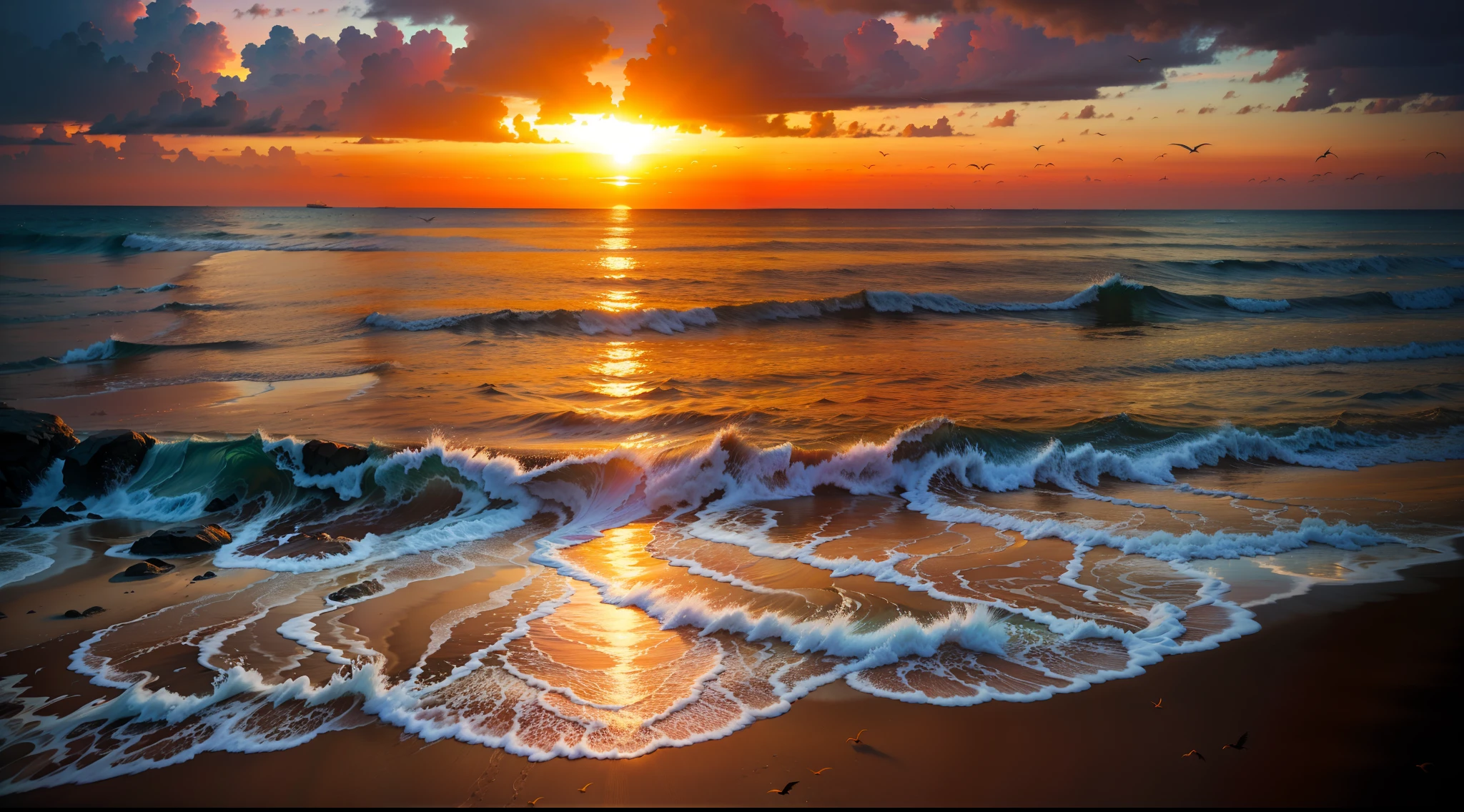 an absolutely mesmerizing sunset on the beach with a mix of orange, Red, pink and yellow in the sky. the water is crystal clear, gently kissing the shore, And the sandy beach is endless. The scene is dynamic and breathtaking, with seagulls, soaring high in the air, and palm trees, gently swaying. Immerse yourself in the tranquil atmosphere and let the tranquil environment surround you.
