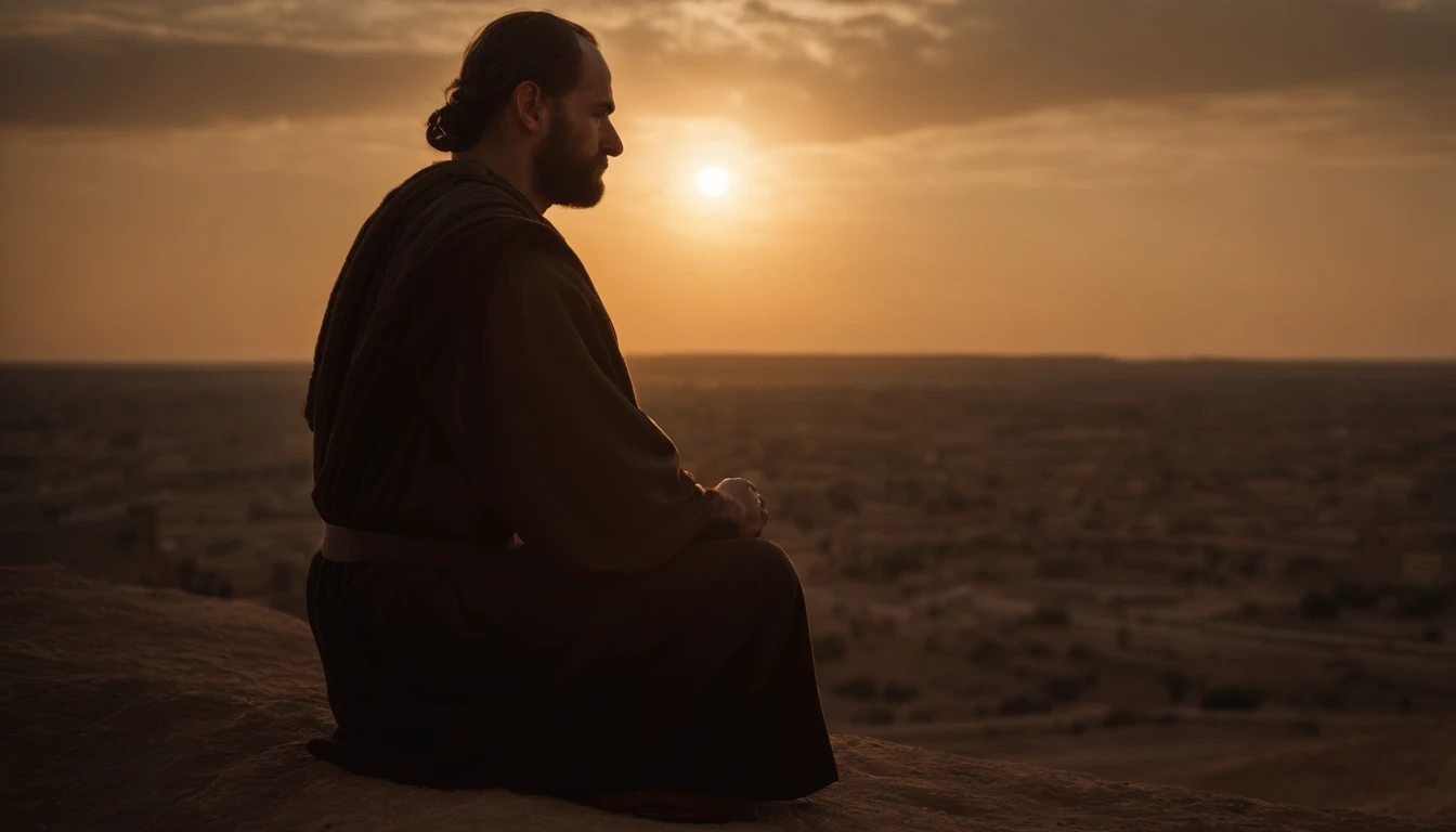 jonas, Bible Old Testament Character, Kneeling looking up at the sky. In the city of Nineveh. entardecer