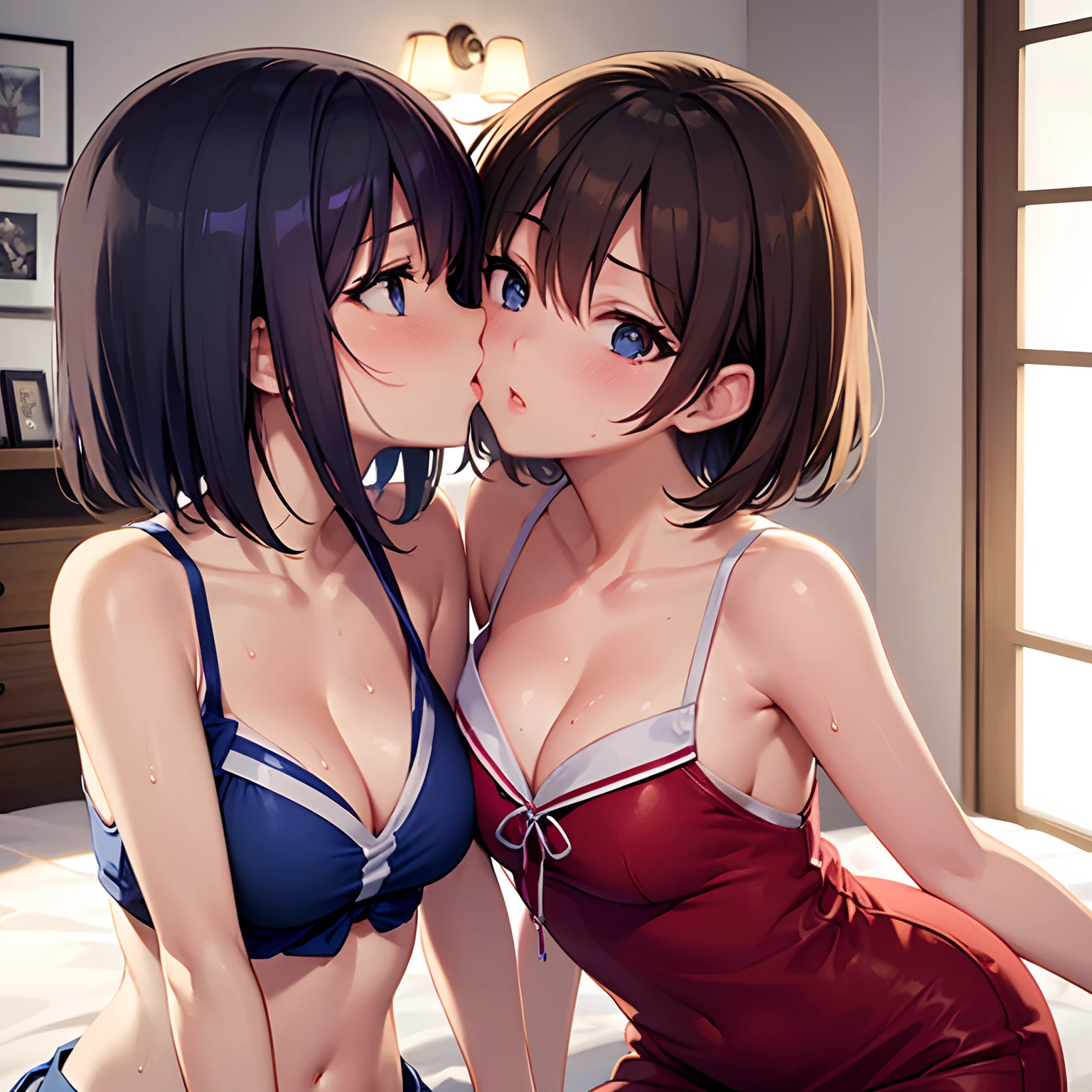 (The highest image quality,High quality,masutepiece:1.2), (Illustration:1.3), beautiful detailed face and eyes, 1 girl, Woman photographed, 35 year old woman, A MILF, Medium bust, Bob cuts black hair, (kiss face:1.1), (Stretching:1,2), magical girl costume, cleavage, Cleavage cut, Sleeveless, Tight mini skirt, Love hotel bedroom, Cowgirl Shot, (Sweat:1.1)