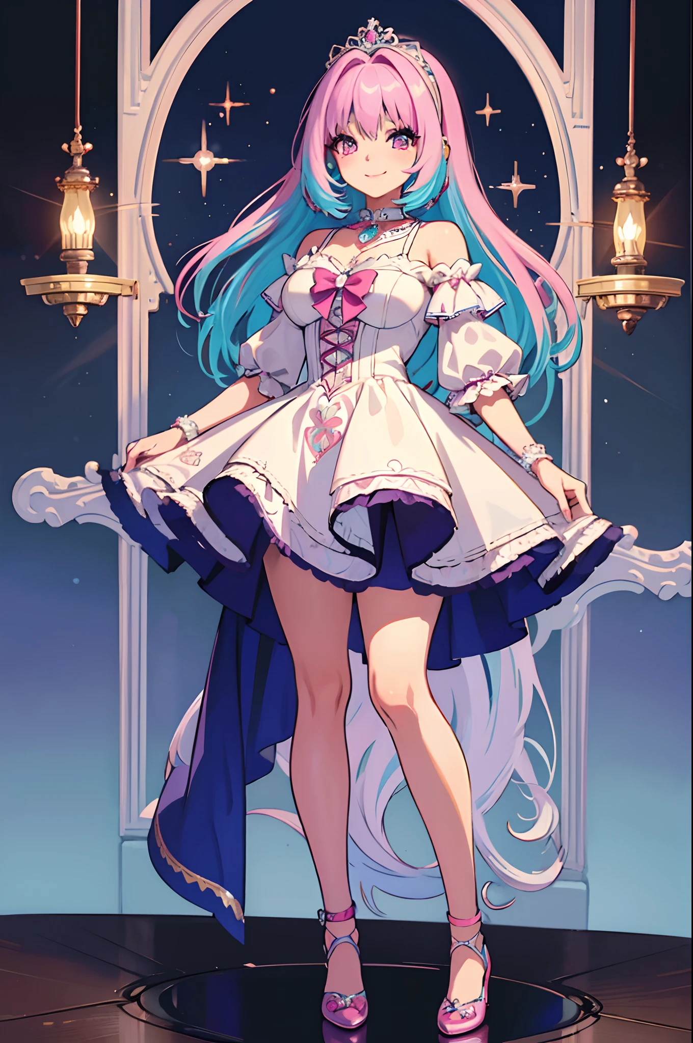 (best quality,masterpiece:1.2),intricate details,beautiful detailed eyes,beautiful detailed lips,extremely detailed eyes and face,longeyelashes,riamu, modeseven,super curvy,comic style,vibrant colors,standing,innocent, full body, standing, smile, princess dress, noble clothing, holy angel magicalgirl