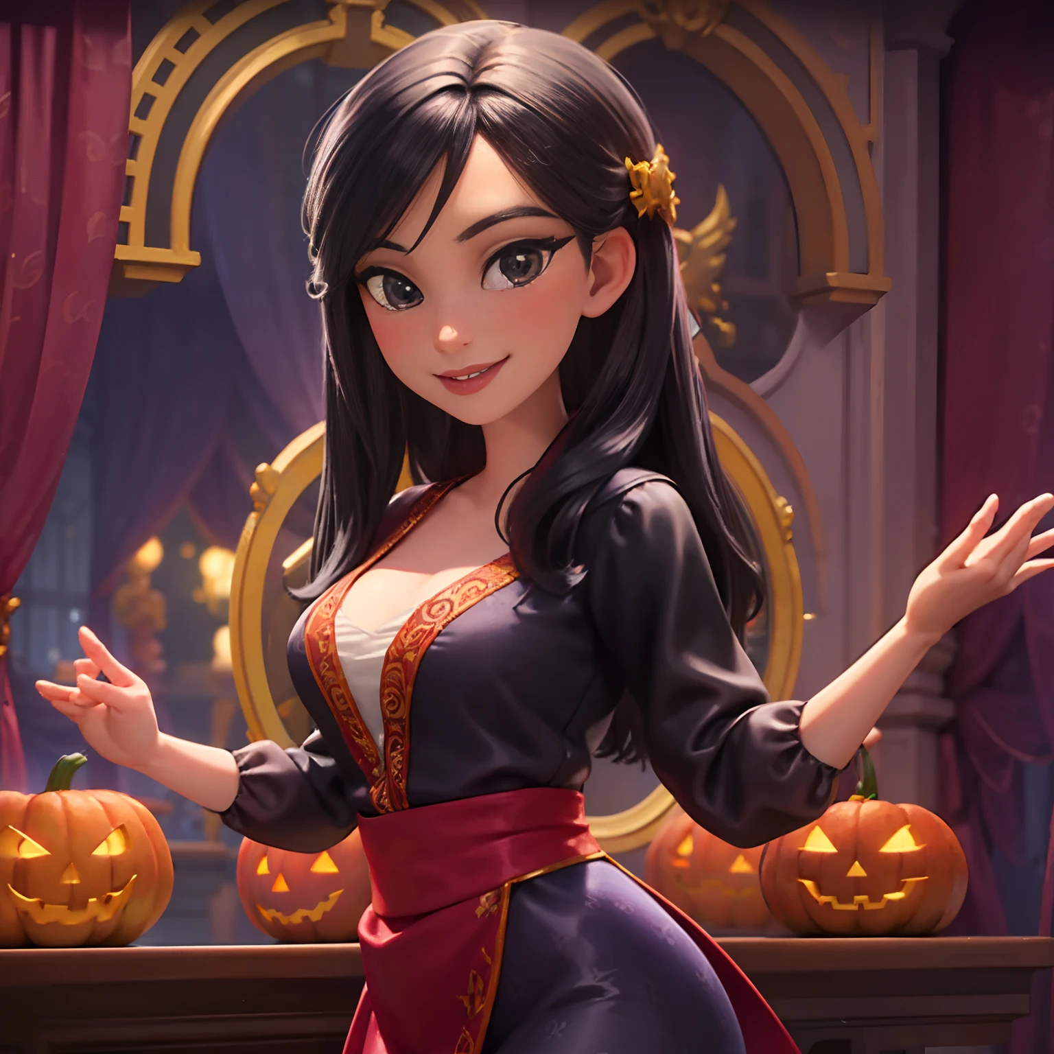 portrait, looking at viewer, smile, parted lips, 1girl, solo, floral pattern dress , velvet gown, medium breasts, jewelry, outdoors, courtyard, volumetric lighting, masterpiece, best quality,White style of a Disney Pixar cartoon, lavender wavy hair, grey eyes, black silk dress dancing infront of a historic haunted mansion , digital illustration, high resolution, pumpkins , halloween pumkins,white ghosts flying around , ominous vibes,smoke, prism and glitter, full moon,magical