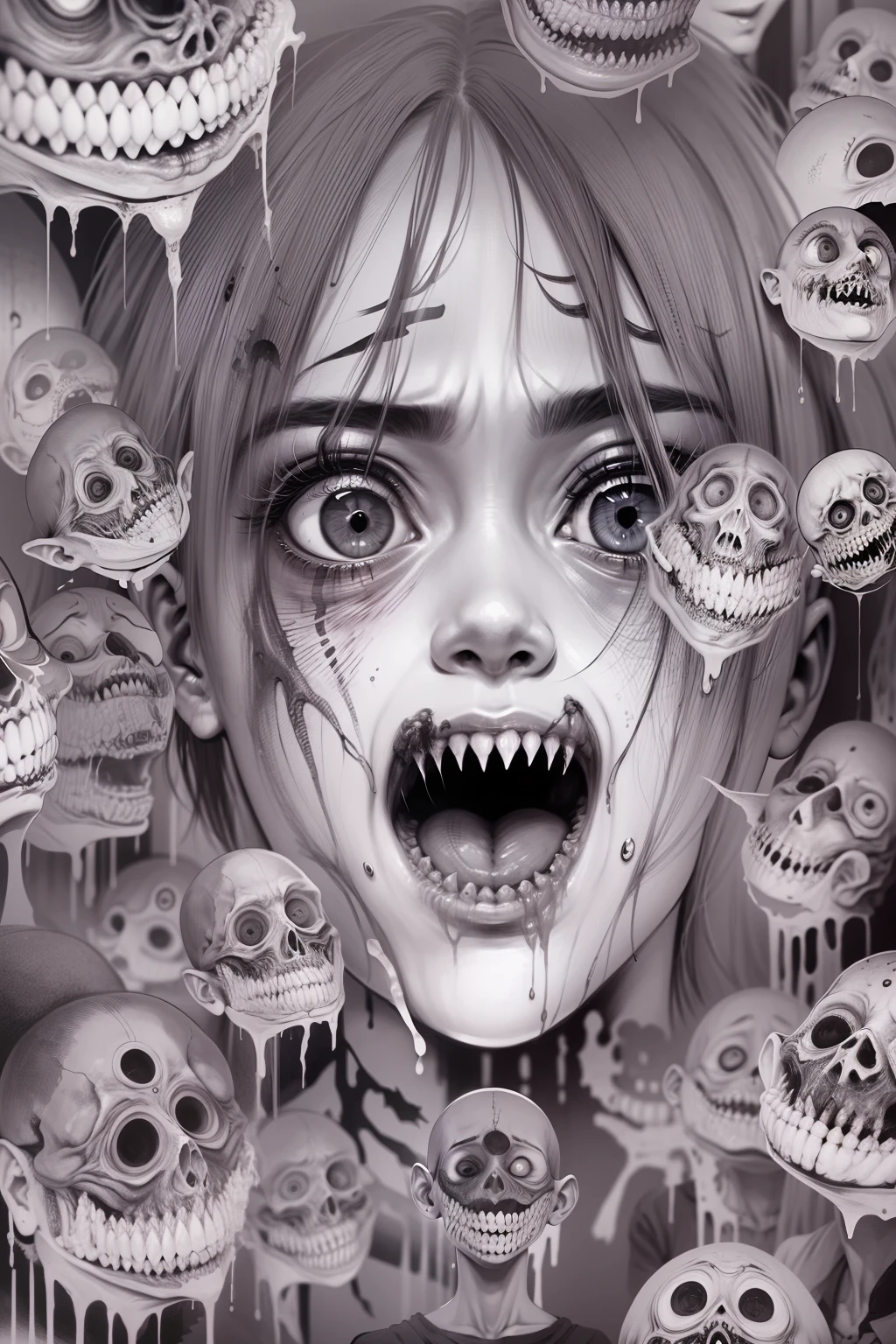 (Junji Ito manga portrait illustration of girls face), horrified, scared, afraid expression, detailed, (horror theme:1.5), contemporary horror, black and white, creepy atmosphere, disturbing