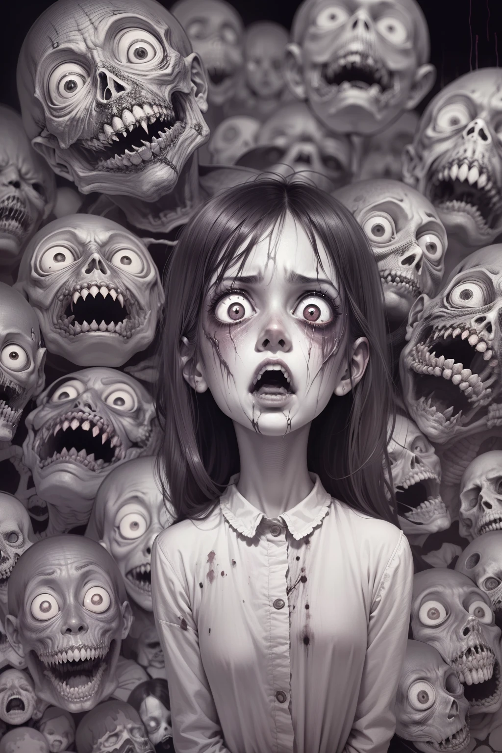 (Junji Ito manga portrait illustration of girls face), horrified, scared, afraid expression, detailed, (horror theme:1.5), contemporary horror, black and white, creepy atmosphere, disturbing