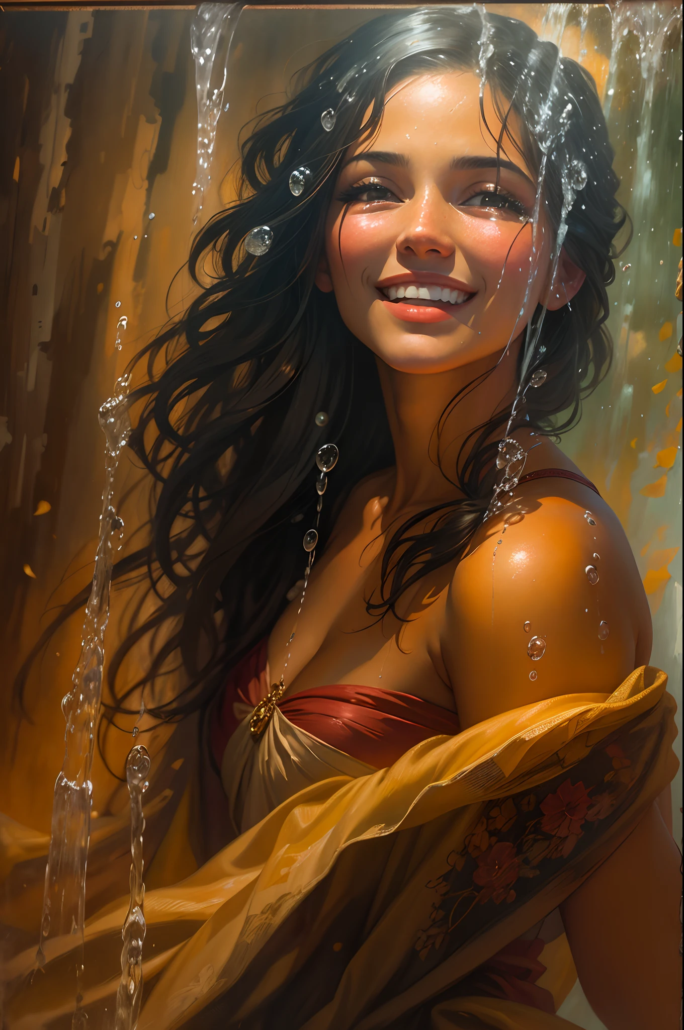 stunning realistic picture, masterpiece, high detail, small strokes, positive and joyful tones, use natural color, gorgeous nude, in front of me, (in a pose like a yogi sits:1.6), under streams of water and drops against the backdrop of a waterfall, (hands above head:1.2) straighten their hair, nude pubic hair visible, looks at me, smile , brut style art, characterized by bright and delicate colors, thick textured paint, intense black strokes, and amazed details ral-drptpl , I look up from behind a woman