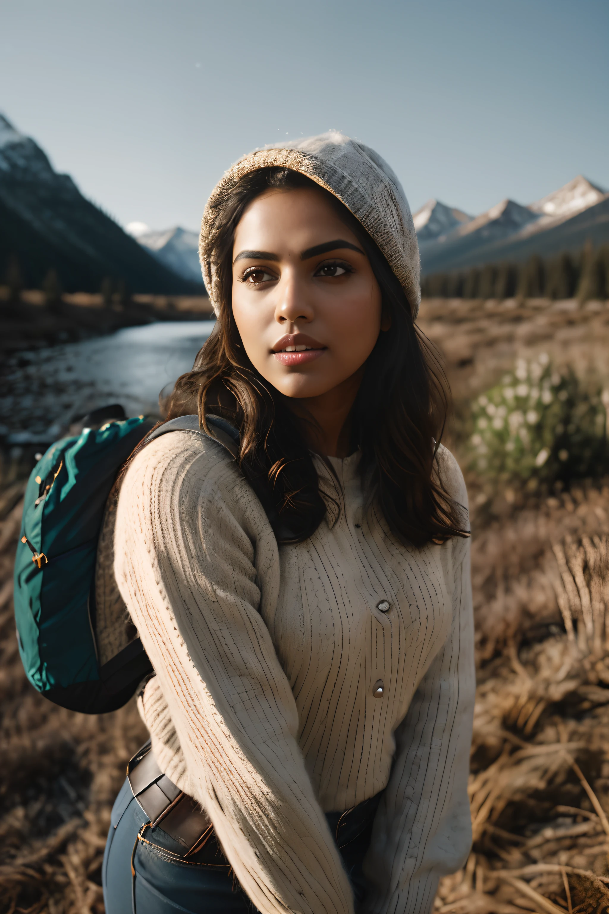 Amala Paul ((upper body selfie, happy)), masterpiece, best quality, ultra-detailed,  solo, outdoors, (night), mountains, nature, (stars, moon)   cheerful, happy, backpack, sleeping bag, camping stove, water bottle, mountain boots, gloves, sweater, hat, flashlight, forest, rocks, river, wood, smoke, shadows, contrast, clear sky,
analog style (look at viewer:1.2)  (skin texture)
(film grain:1.3), (warm hue, warm tone)