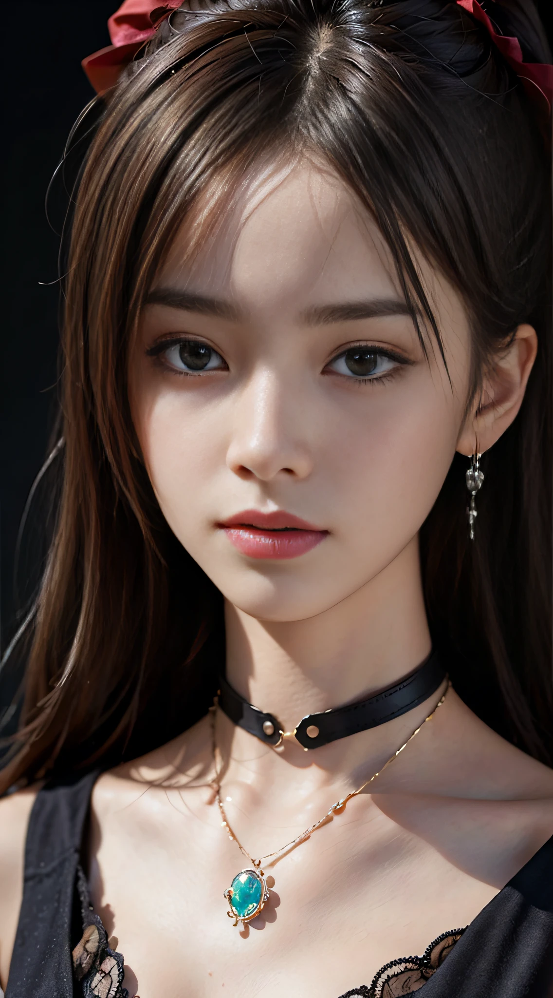 ((masterpiece:1.4)、(top quality:1.4)、(realistic:1.7))、masseuse piece:1.4、a cute girl、portrait photography、close-up photo、upper body shot、beautiful face、challenge、dark background、small waist、ponytail、raw photo、red lips、choker、necklace、귀Nipple Ring、1 screen display、