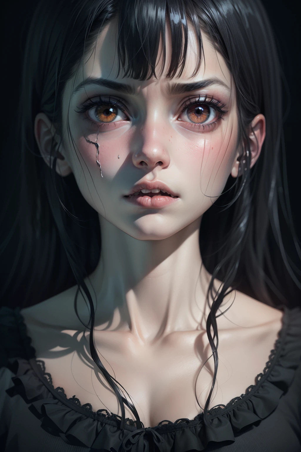 A beautiful emo girl with intense facial expression, extreme pleasure, lace thong, detailed facial features, long hair, pale skin, emotional, erotic, sensual, intimate, masterpiece, 8k, photorealistic, chiaroscuro lighting, dramatic shadows, cinematic composition