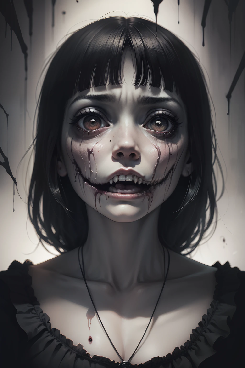 (Junji Ito manga portrait illustration of girls face), horrified, scared, afraid expression, detailed, (horror theme:1.5), contemporary horror, black and white, creepy atmosphere, disturbing