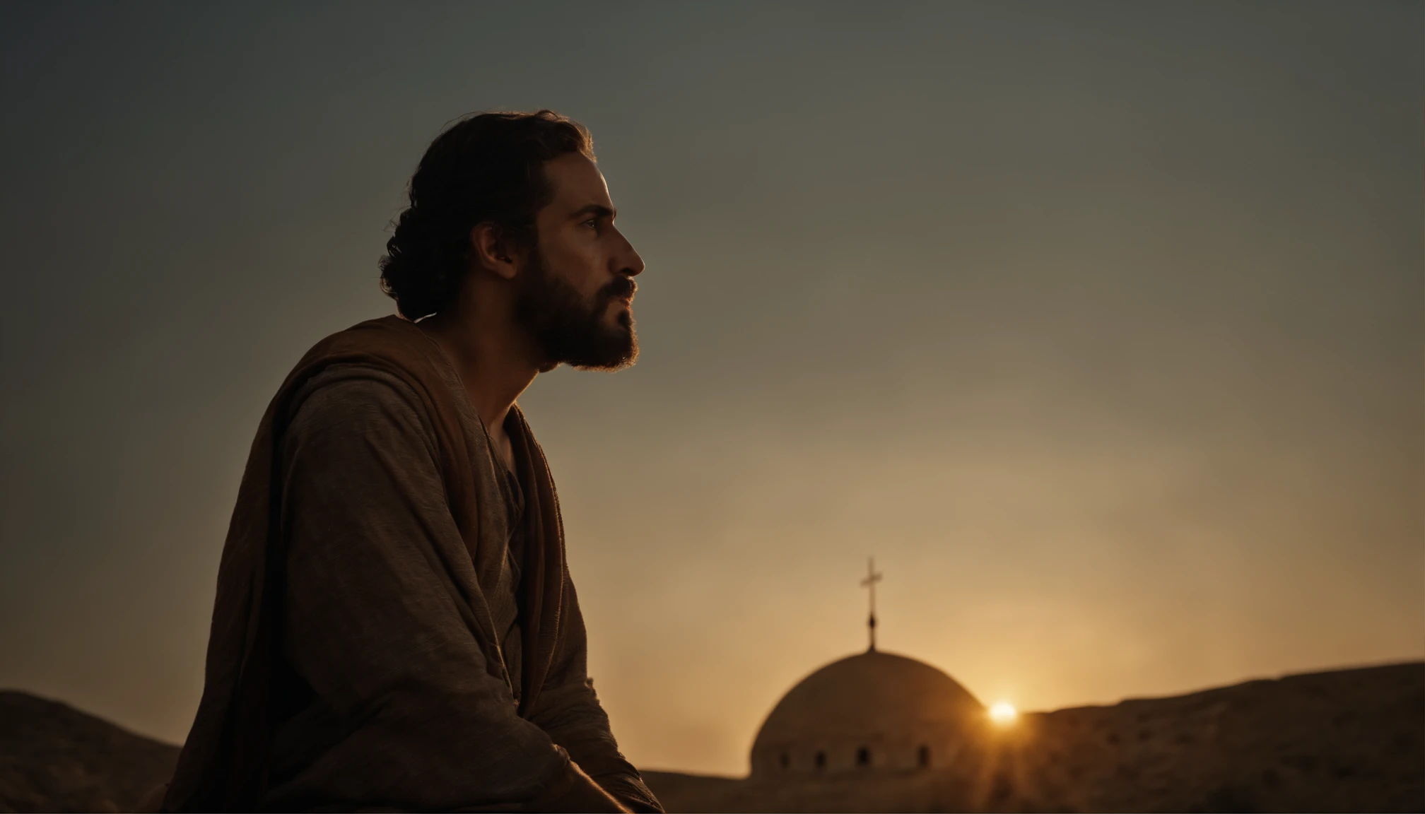 jonas, Bible Old Testament Character, Kneeling looking up at the sky. In the city of Nineveh. entardecer