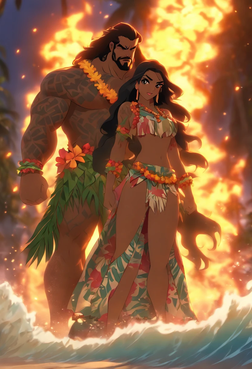 (((Hawaiian Woman and Hawaiian Man))) best quality, ultra-high resolution, 4K detailed CG, master piece, woman, man, underworld, sand, dark atmosphere, gloomy climate, Hawaiian clothing, hawaii, Maori tattoos, Maori mythology , ((Underworld,)), Maori Image Style, aesthetic, screen-centered, full body