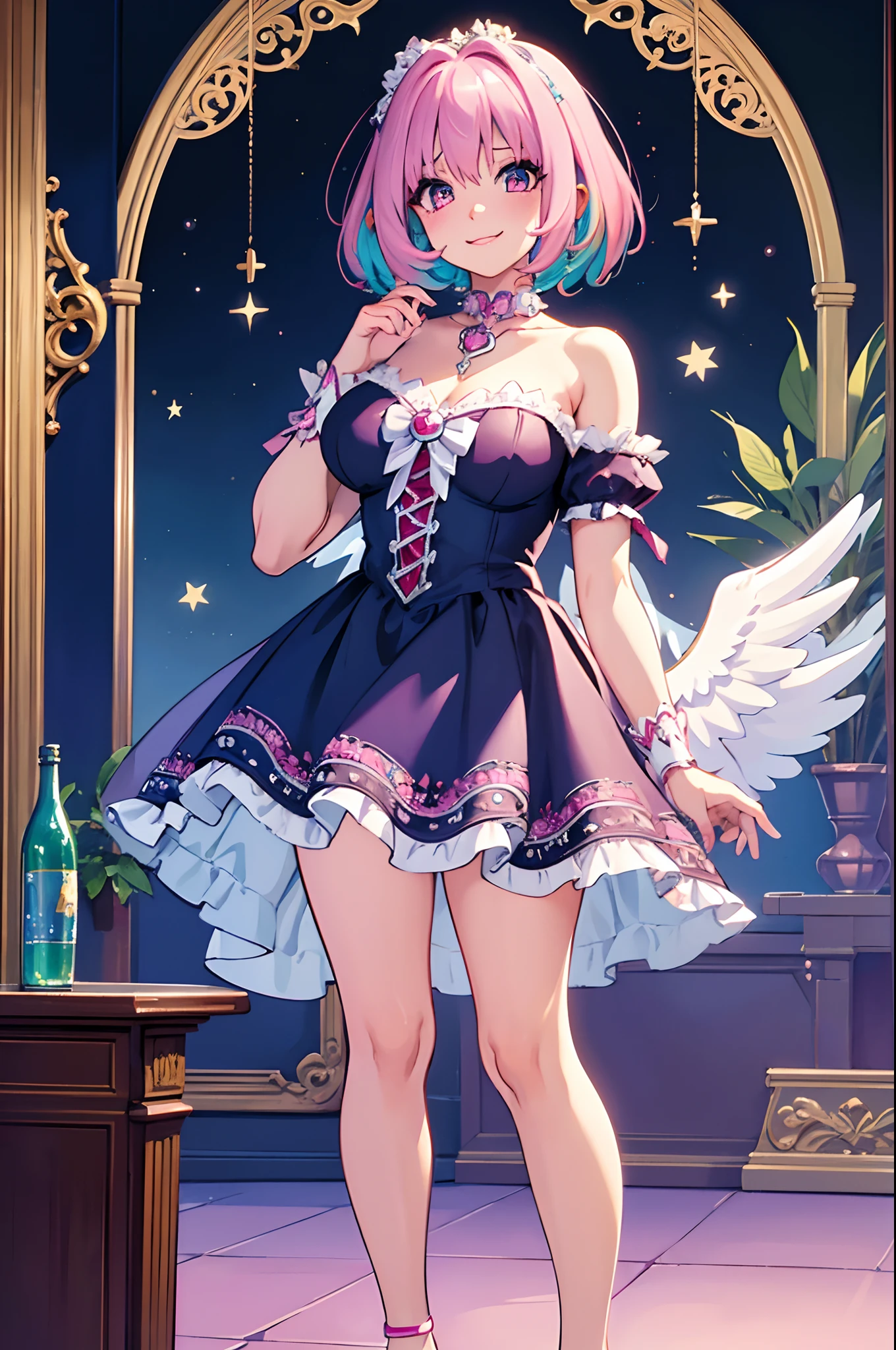 (best quality,masterpiece:1.2),intricate details,beautiful detailed eyes,beautiful detailed lips,extremely detailed eyes and face,longeyelashes,riamu, modeseven,super curvy,comic style,vibrant colors,standing,innocent, full body, standing, smile, princess dress, noble clothing, holy angel magicalgirl