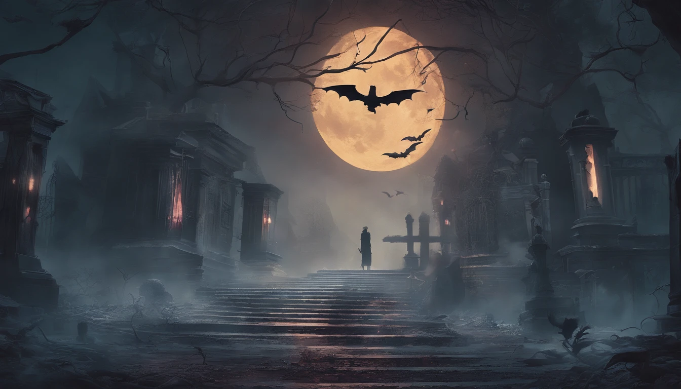 (best quality,4k,8k,highres,masterpiece:1.2),ultra-detailed,(realistic,photorealistic,photo-realistic:1.37),vampyre,skull style,dark atmosphere,vivid colors,sharp focus,hauntingly beautiful scenery,vintage aesthetic,gothic,foreboding lighting,macabre,epic scale,ominous presence,cinematic,deathly pale complexion,luminous eyes,elaborate skull decorations,ornate details,flowing black cloak,menacing aura,moonlit backdrop,mysterious fog,creeping shadows,ethereal beauty,majestic presence,intense gaze,hauntingly serene expression,nighttime setting,soaring bats,supernatural powers,storybook-like setting,haunted mansion silhouette,rain-soaked cobblestone streets,Romanticism era-inspired,expressive brushwork,sublime horror,alluring yet dangerous ambiance,transcendent otherworldliness,victorian elegance,ethereal glow,subtle hints of decay,lunar eclipse,whispering winds,gothic arches,intricate lace patterns.