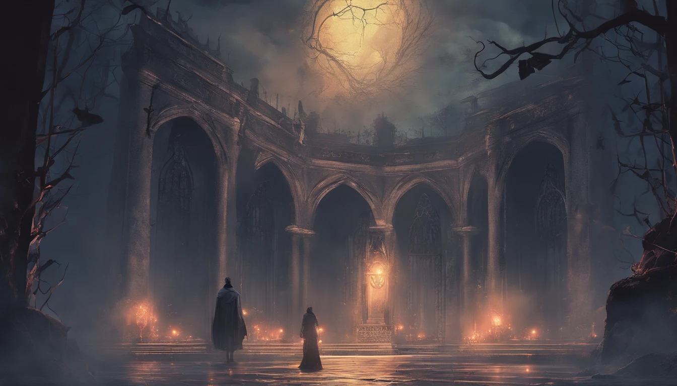 (best quality,4k,8k,highres,masterpiece:1.2),ultra-detailed,(realistic,photorealistic,photo-realistic:1.37),vampyre,skull style,dark atmosphere,vivid colors,sharp focus,hauntingly beautiful scenery,vintage aesthetic,gothic,foreboding lighting,macabre,epic scale,ominous presence,cinematic,deathly pale complexion,luminous eyes,elaborate skull decorations,ornate details,flowing black cloak,menacing aura,moonlit backdrop,mysterious fog,creeping shadows,ethereal beauty,majestic presence,intense gaze,hauntingly serene expression,nighttime setting,soaring bats,supernatural powers,storybook-like setting,haunted mansion silhouette,rain-soaked cobblestone streets,Romanticism era-inspired,expressive brushwork,sublime horror,alluring yet dangerous ambiance,transcendent otherworldliness,victorian elegance,ethereal glow,subtle hints of decay,lunar eclipse,whispering winds,gothic arches,intricate lace patterns.